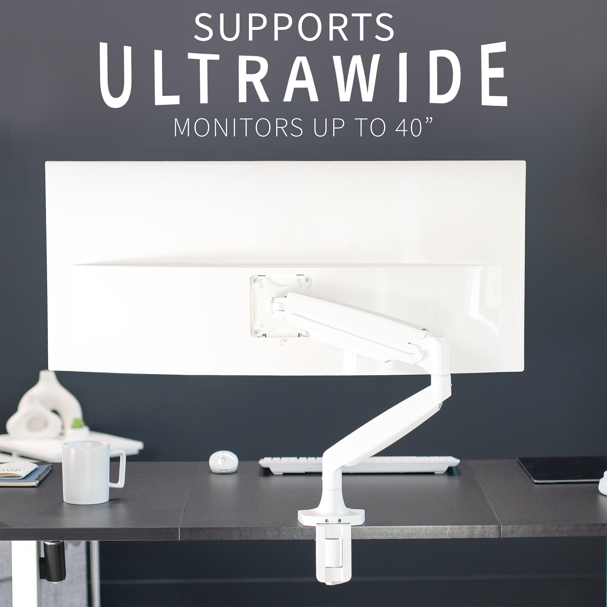 VIVO Premium Aluminum Heavy Duty Single Monitor Arm for Ultrawide Monitor up to 40 inches and 32.5 lbs, Desk Mount Stand, Pneumatic Height, Max VESA 100x100, White, STAND V101QW