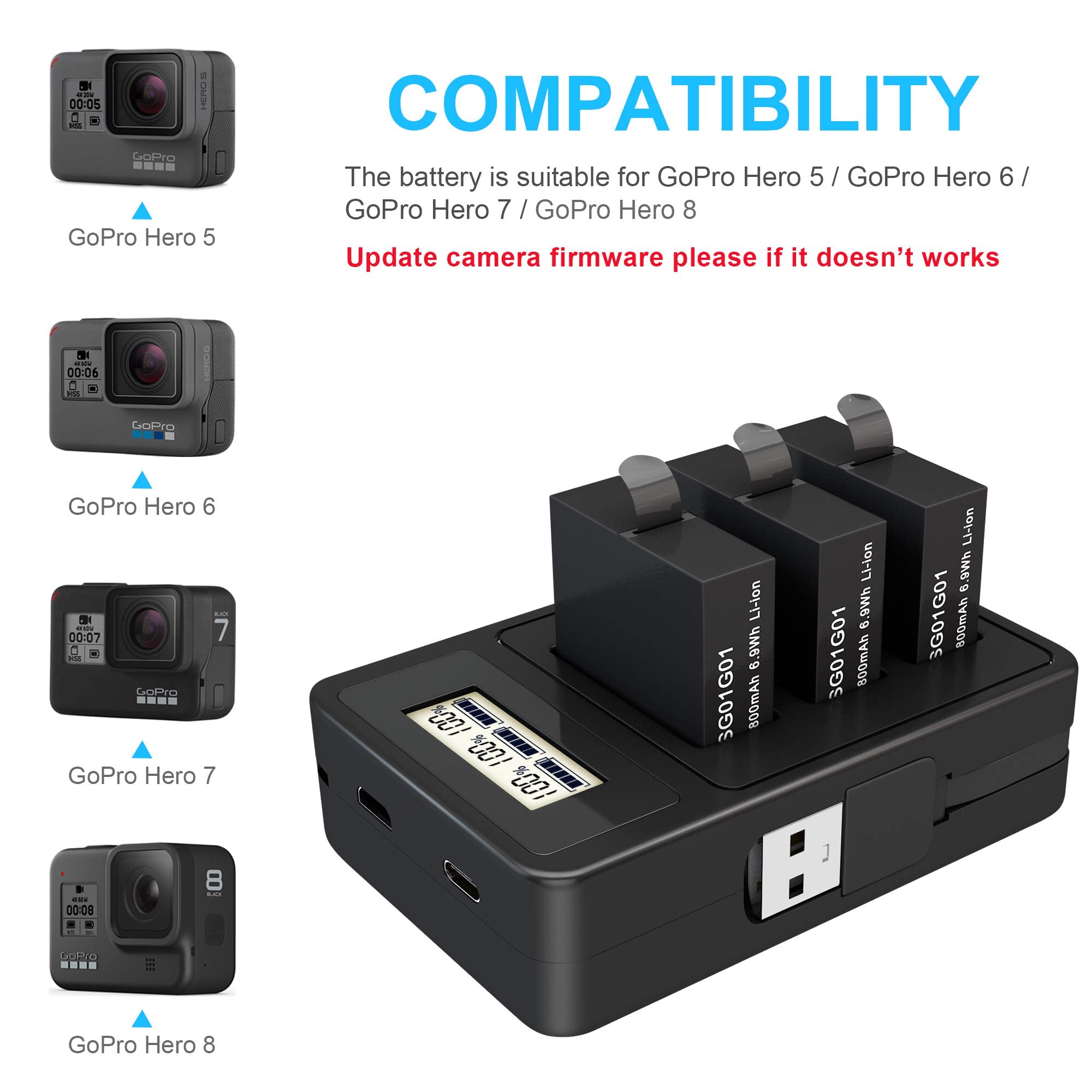 2 Pack Replacement Battery For Gopro Hero 8 Quick Charger Accessories With Digital Monitor 1800Mah Batteries Compatible With Gop