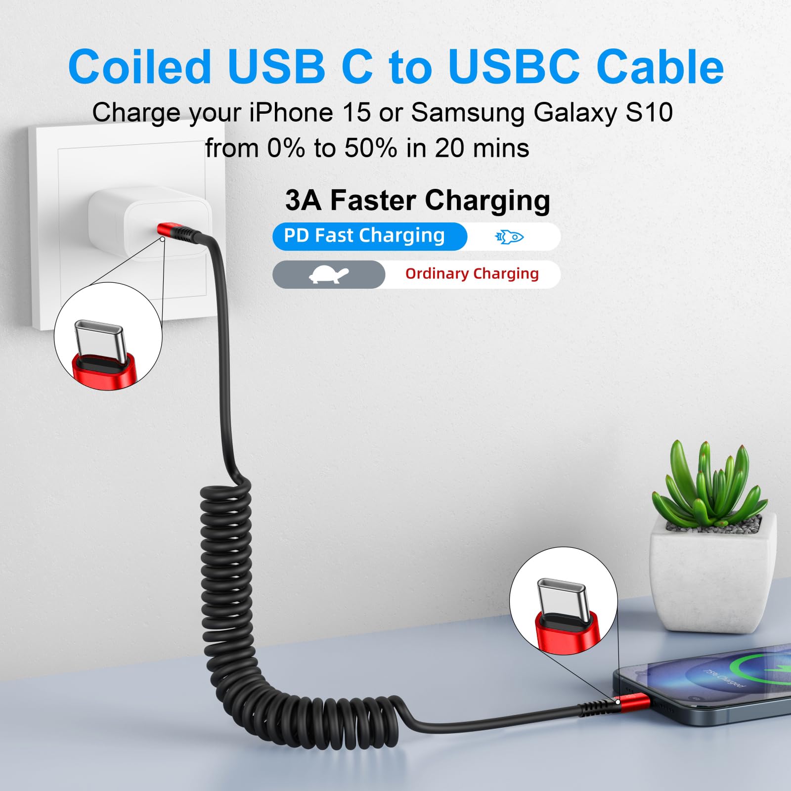Usb C Cable 3Ft 2Pack Usb C To Usb C Charger Cable For Car, Coiled Type C Fast Charging Cable For Iphone 16/15/Plus/Pro/Pro Max/Macbook Pro 2020/Ipad Pro 2020/Ipad Air 4/Samsung Galaxy S23 Red