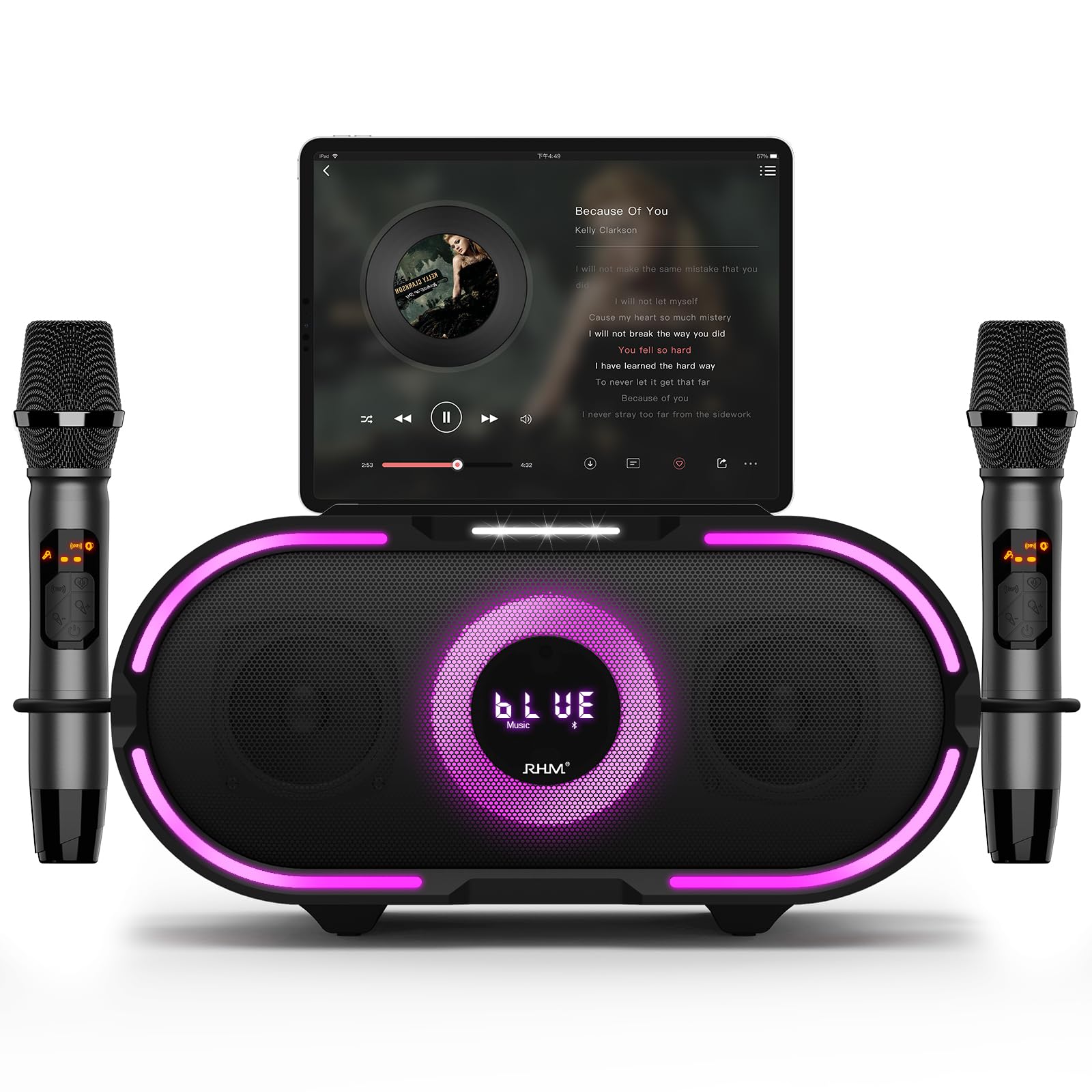Rhm K666Plus Karaoke Machine With Powerful Sound & Rgb Lights, 2 Wireless Microphones, Rechargeable Battery, 7 Hours Playtime, S