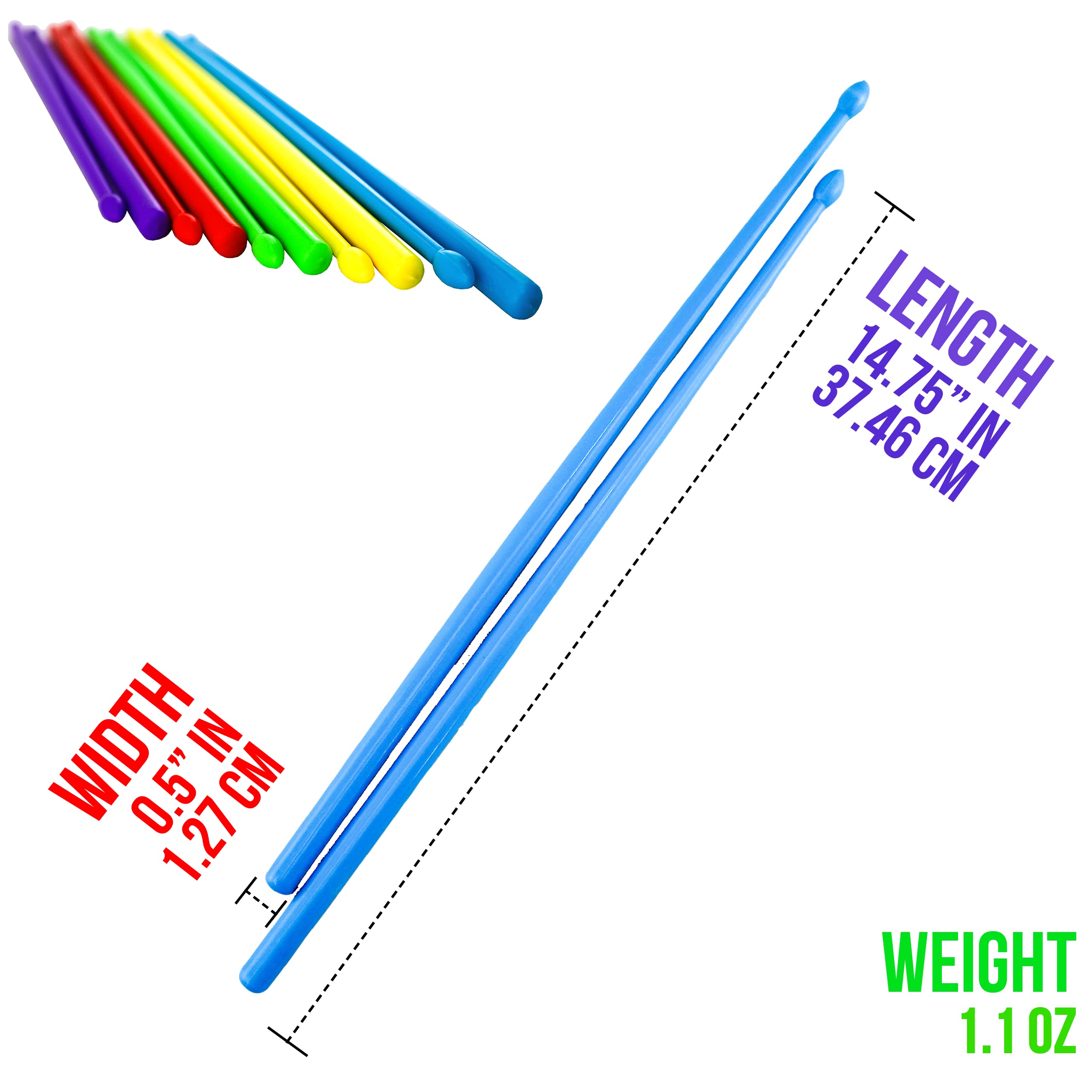 Iconikal Nylon Exercise Drum Sticks - 5-Pairs, Multi-Color (Blue, Green, Purple, Red, Yellow)