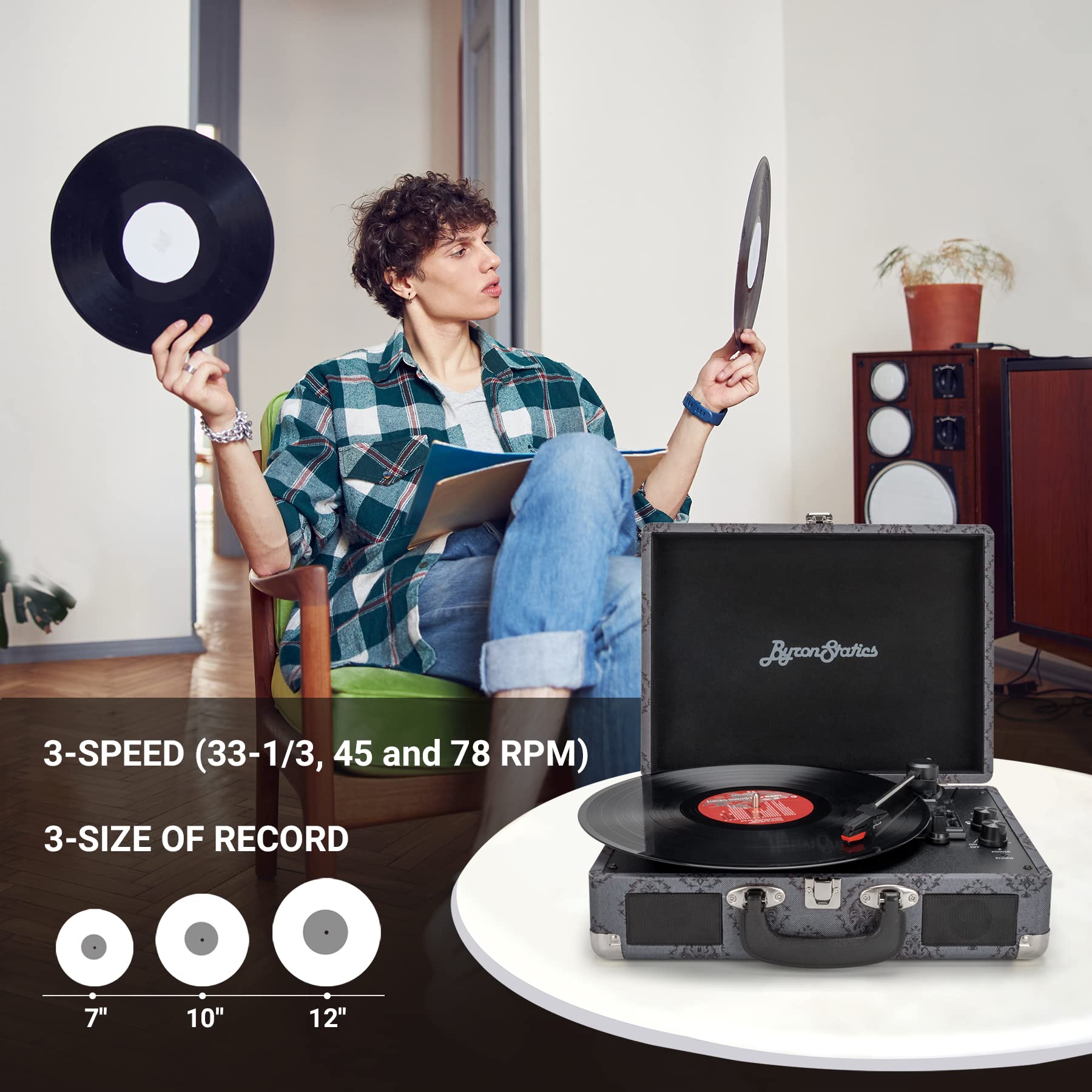 Byronstatics Record Player, Vinyl Turntable Records Player Bluetooth 5.0, Built In Stereo Speakers, 3 Speed, Extra Stylus, Suppo