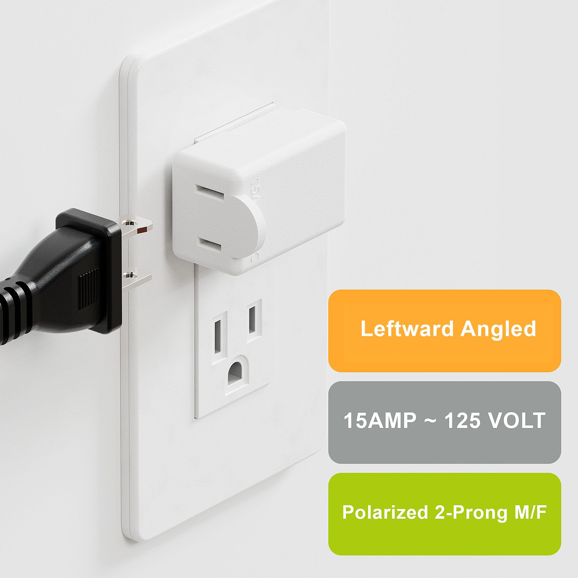 90 Degree 2 Pin Adapter, Plugrand Nema 1 15P To 1 15R Left Angled Adapter, 2 Prong Angled Adapter, Nema 1 15P Power Adapter, Pa