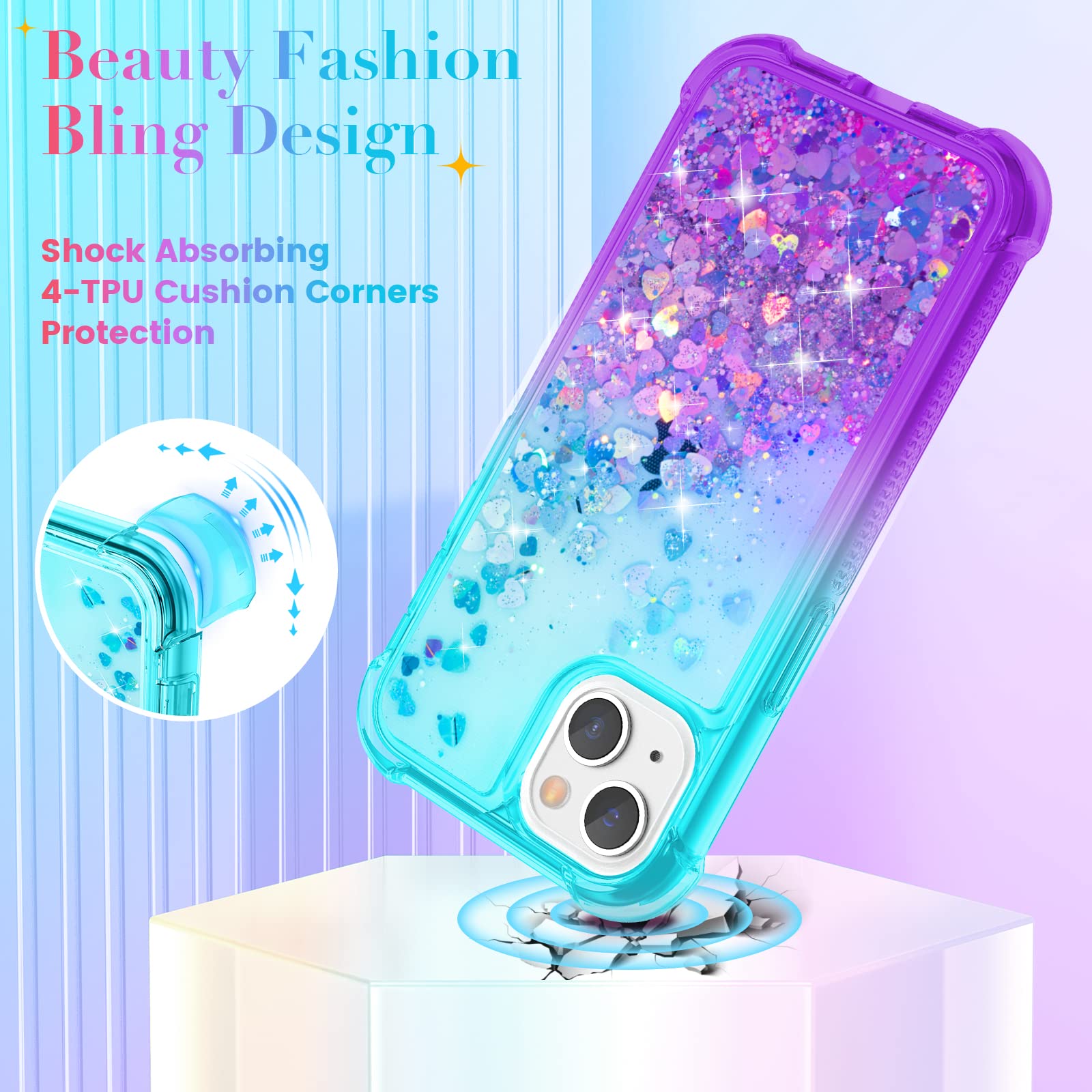 Ruky For Iphone 13 Case & Iphone 14 Case, Glitter Liquid Full Body Rugged Cover With Built In Screen Protector Soft Tpu Shockpro