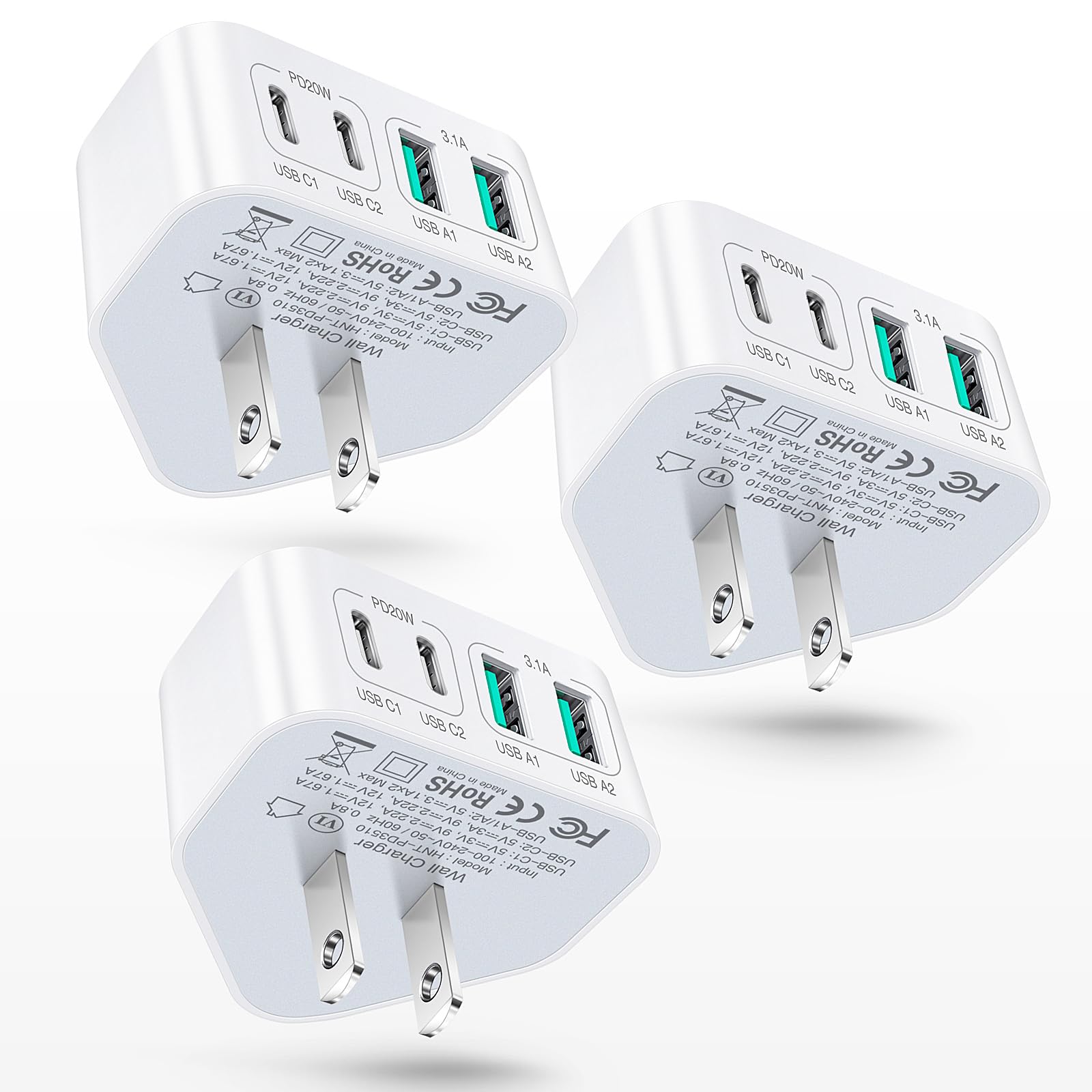 3Pack USB C Charger Block, 40W 4 Port Flat Fast USB C Wall Charger