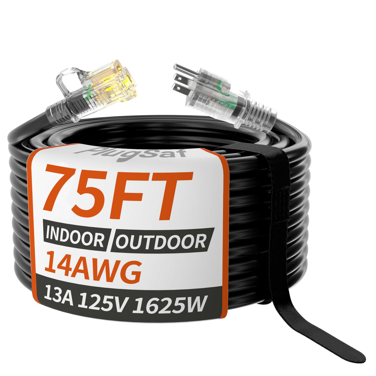 Plugsaf 14/3 Gauge Black Outdoor Extension Cord 75 Ft Waterproof With Lighted Indicator, Cold Weatherproof  40C, Flexible 3 Pron