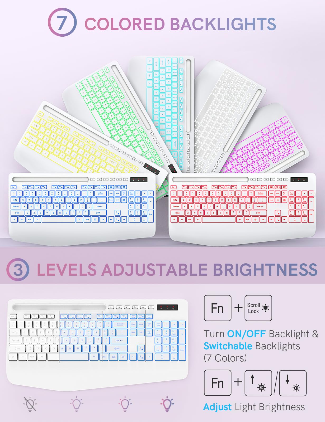 Wireless Keyboard And Mouse Combo With 7 Colored Backlits, Wrist Rest, Rechargeable Ergonomic Keyboard With Phone Holder, Silent