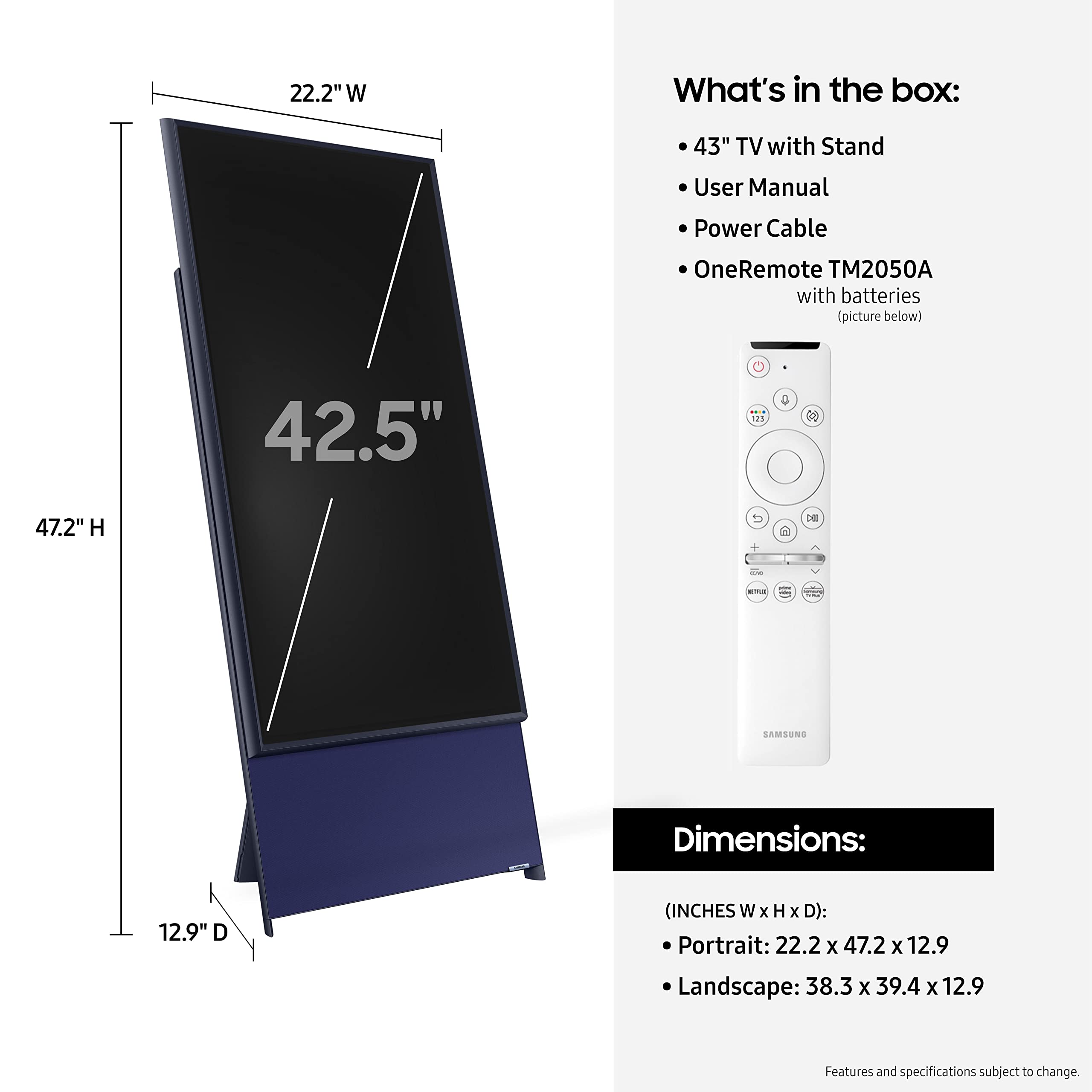 Samsung 43-Inch Class The Sero Ls05B Series - Qled 4K, Rotating Screen, Matte Display, Premium Speakers Smart Tv W/ Alexa Built-