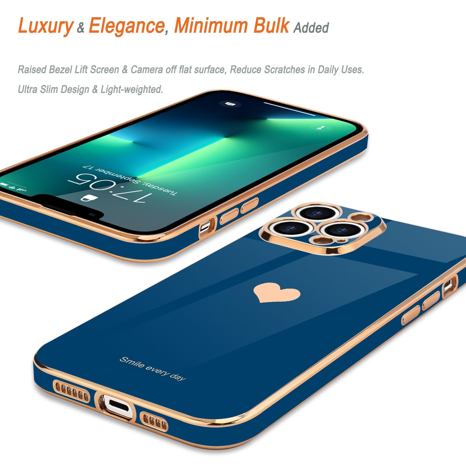 Teageo Compatible With Iphone 13 Pro Case For Girl Women Cute Love Heart Luxury Plating Soft Back Cover Raised Camera Protection