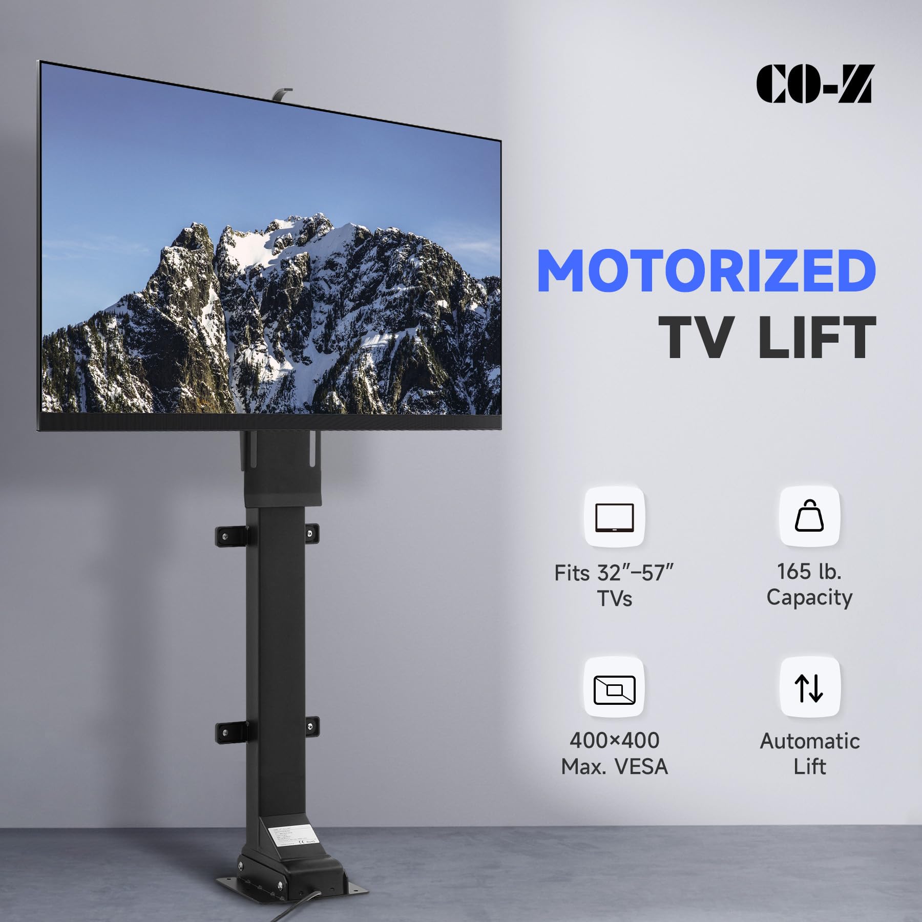 Co Z Motorized Tv Lift For 32'' To 57'' Tvs Up To 165Lb & 400X400 Vesa, Height Adjustable Tv Stand & Wall Mount With Remote Cont
