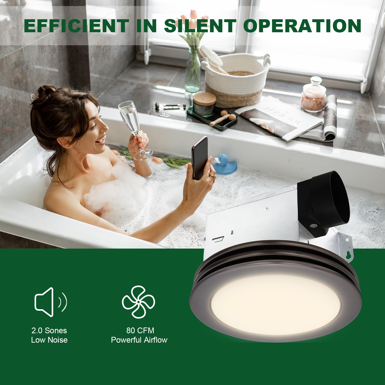 Akicon Round Bathroom Fan With Dimmable Led Light, 80 Cfm, 2 Sones, Acrylic Light Cover For Medium Bathrooms (Oil Rubbed Bronze)