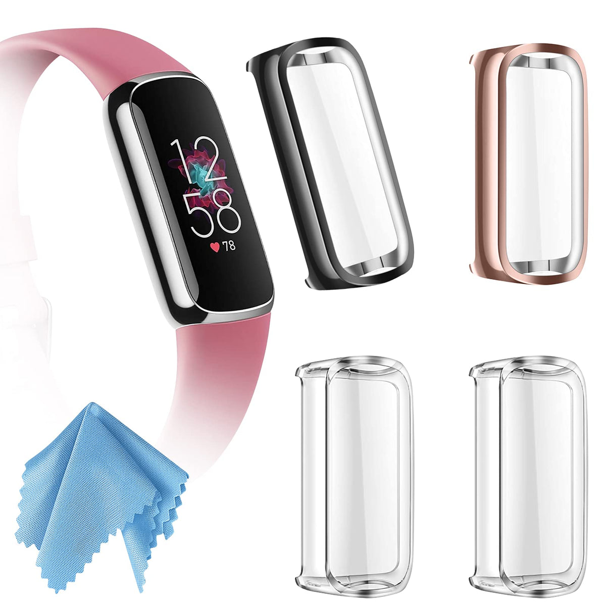 Fintie 4 Pack Screen Protector Case Compatible With Fitbit Luxe, Soft Tpu Full Protective Screen Cover Saver Bumper, Black, Rose