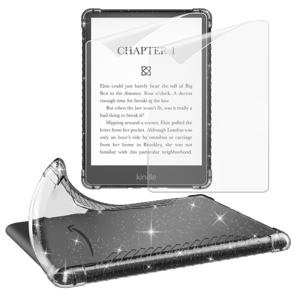 MoKo Clear Glitter Case & 2Pack Screen Protector for 6.8' Kindle Paperwhite(11th Generation 2021) and Kindle Paperwhite Signature Edition, Slim Soft TPU Case with Anti Glare PET Matte Protective Film