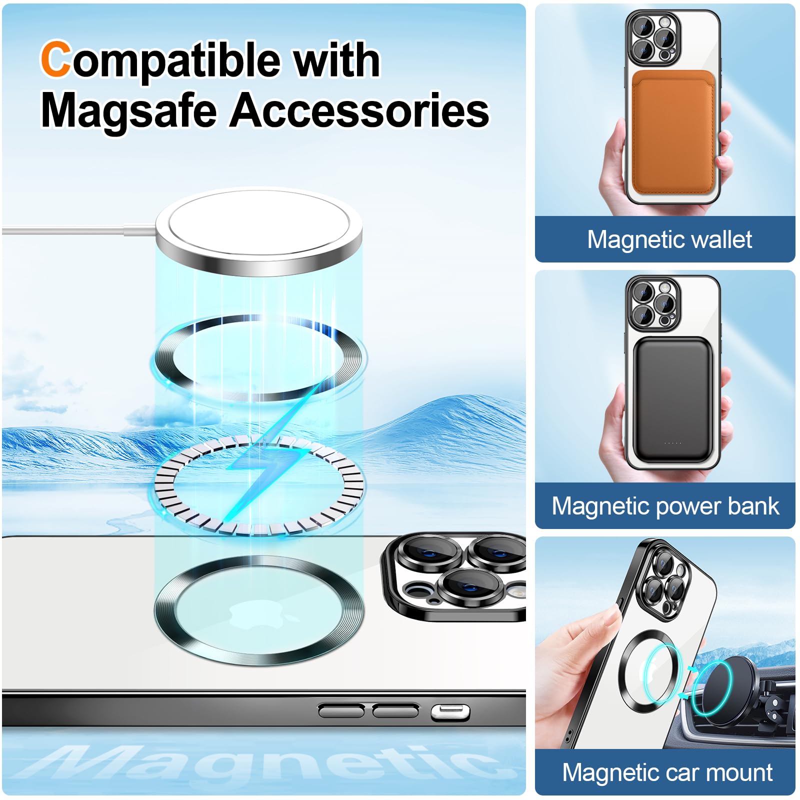 Hython For Iphone 14 Pro Case Clear Magnetic Glitter Phone Cases [Compatible With Magsafe] Full Camera Lens Protector Slim Gradi