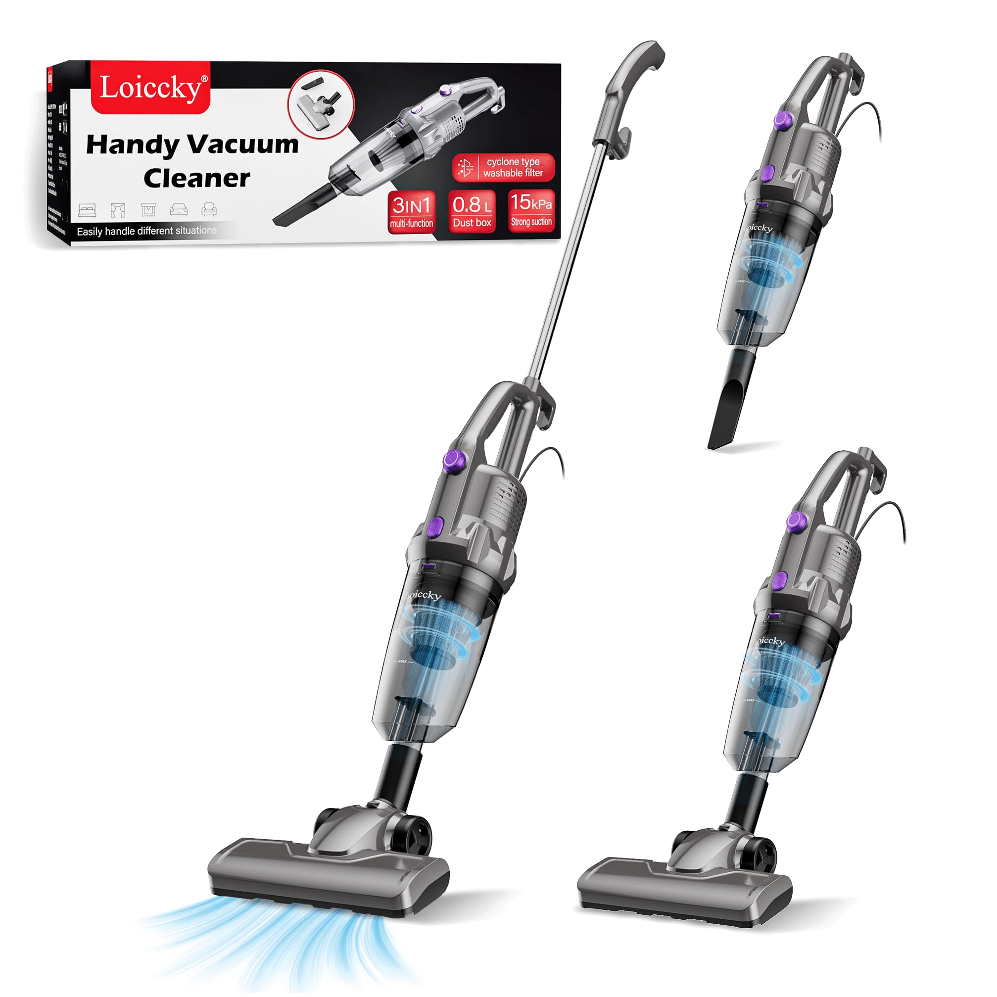 Loiccky Corded Stick Vacuum Cleaner 600W 15kPa Suction, 3in1 Handheld Vac