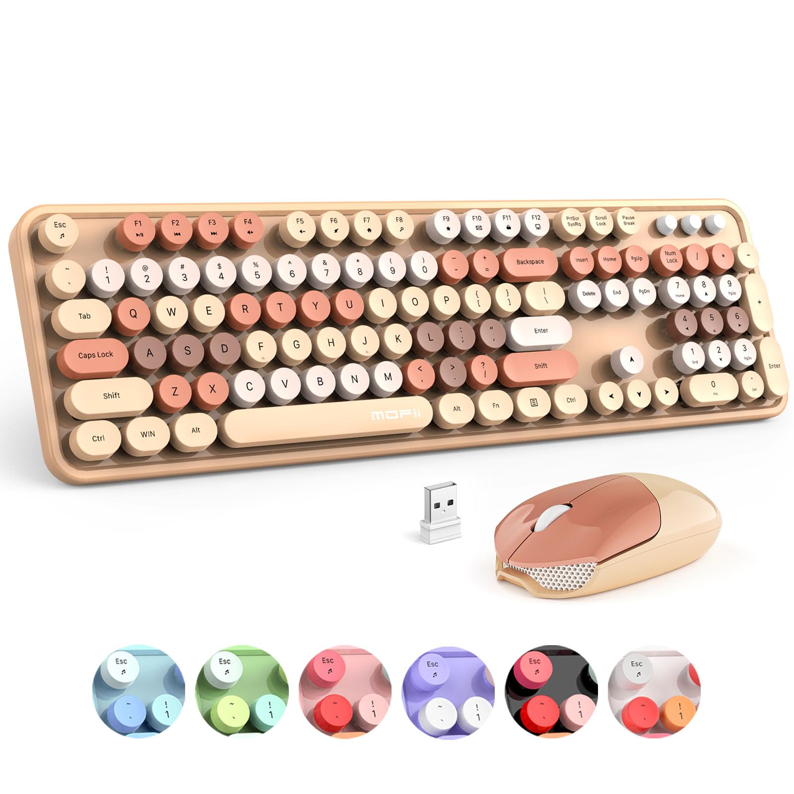 Mofii Wireless Keyboard And Mouse Combo, Milk Tea Colorful Round Key Typewriter Keyboards, 2.4G Full Size Keyboard And Cute Wire