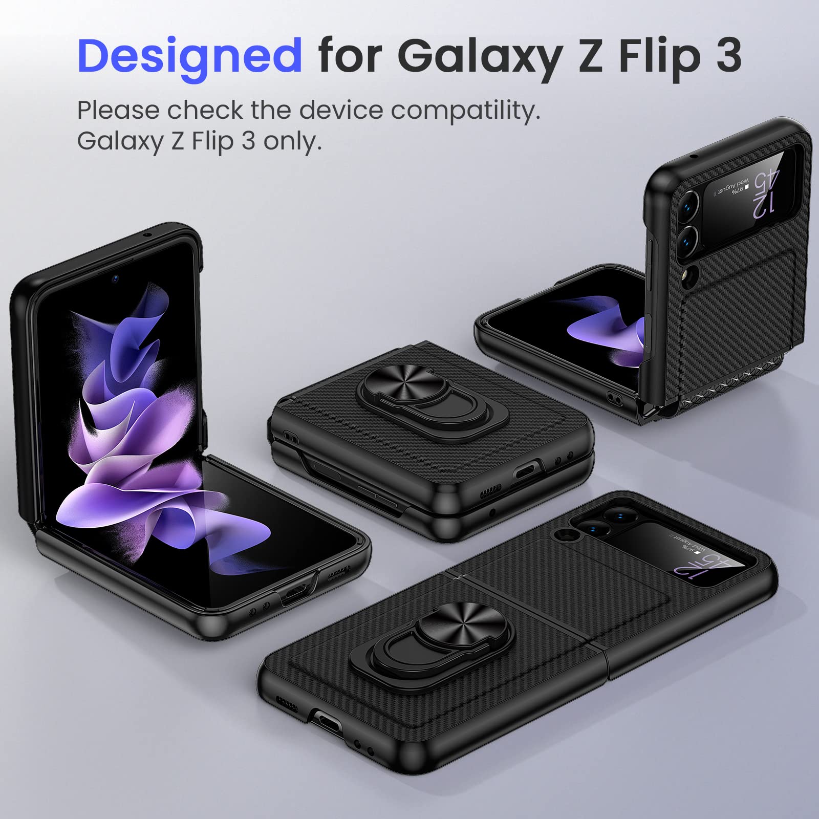 Vego For Galaxy Z Flip 3 Stand Case With Hinge Protection, Full Body Protective Case With Built In Glass Camera Lens Protector F