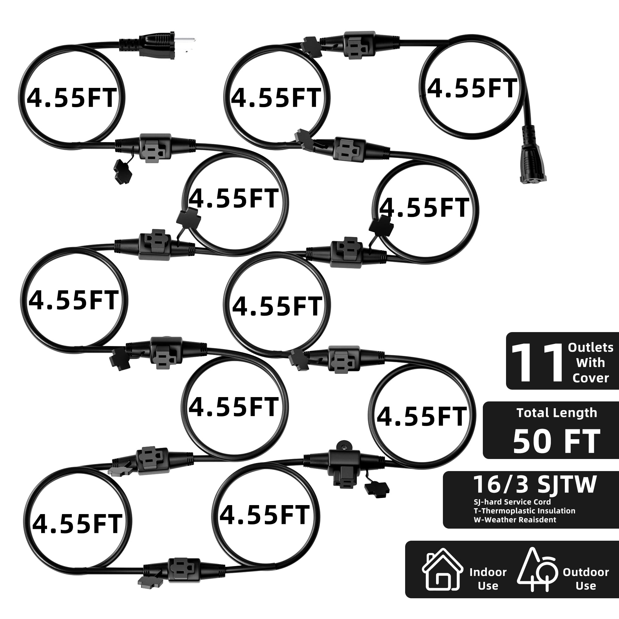 Yodotek Black 50Ft 16 Gauge Multi Indoor/Outdoor Power Extension Cord,Multiple Evenly Spaced 11 Outlet,Cord Splitter,For Landsca