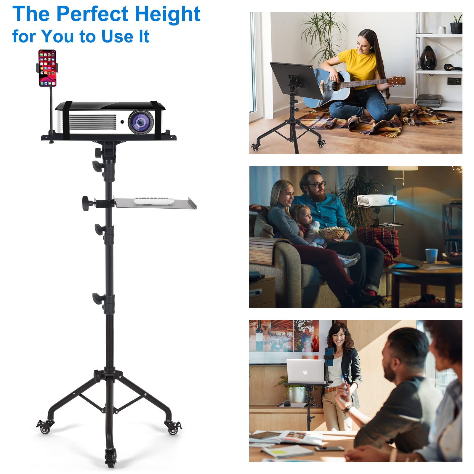 Tossbiss Projector Stand With Wheels, Laptop Tripod Stand With Phone Holder, Rolling Laptop Tripod With Mouse Tray, Adjustable &