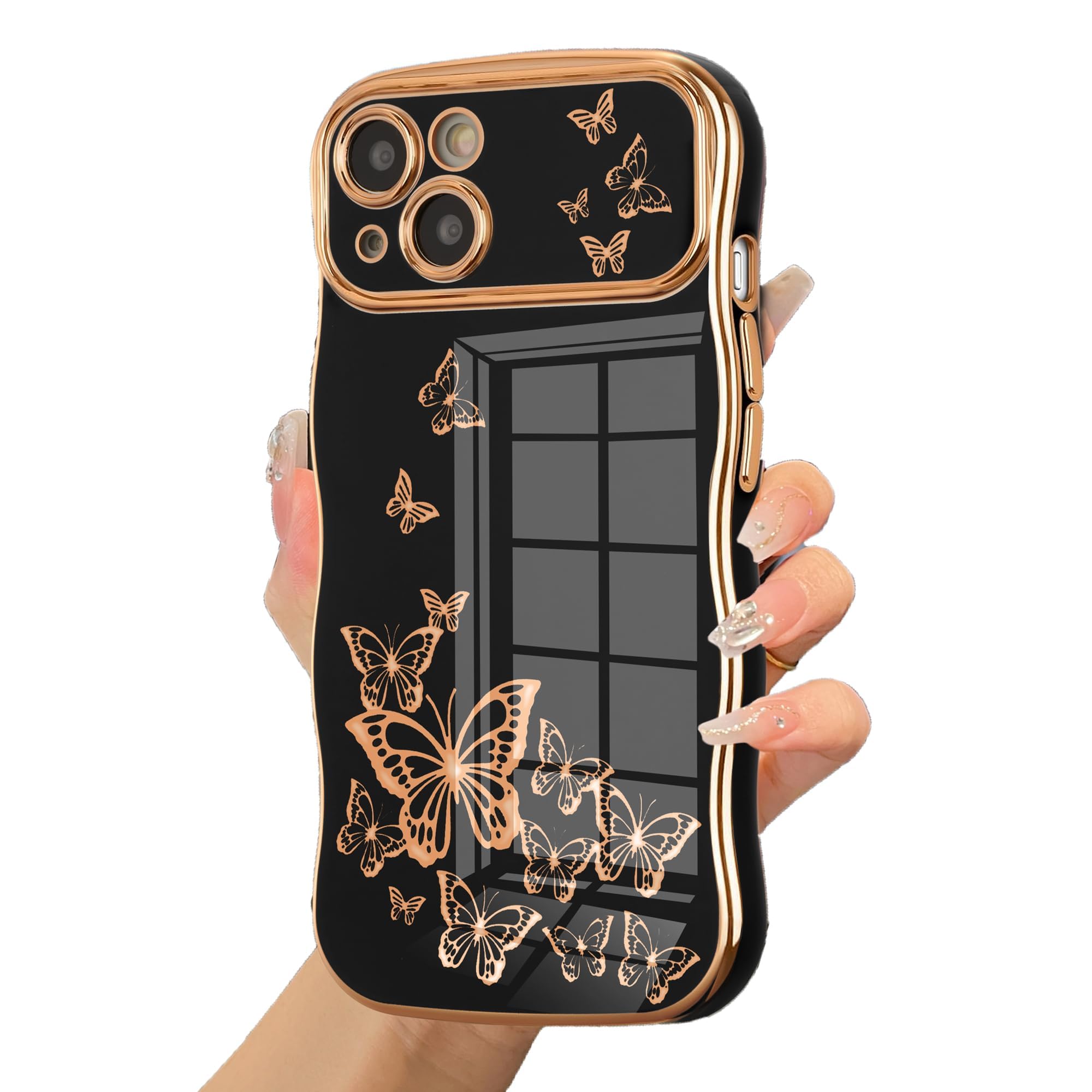 Ztofera For Iphone 13 Case For Girl Women, Cute Curly Wave Frame With Luxury Plating Butterfly Pattern, Soft Tpu Electroplated E