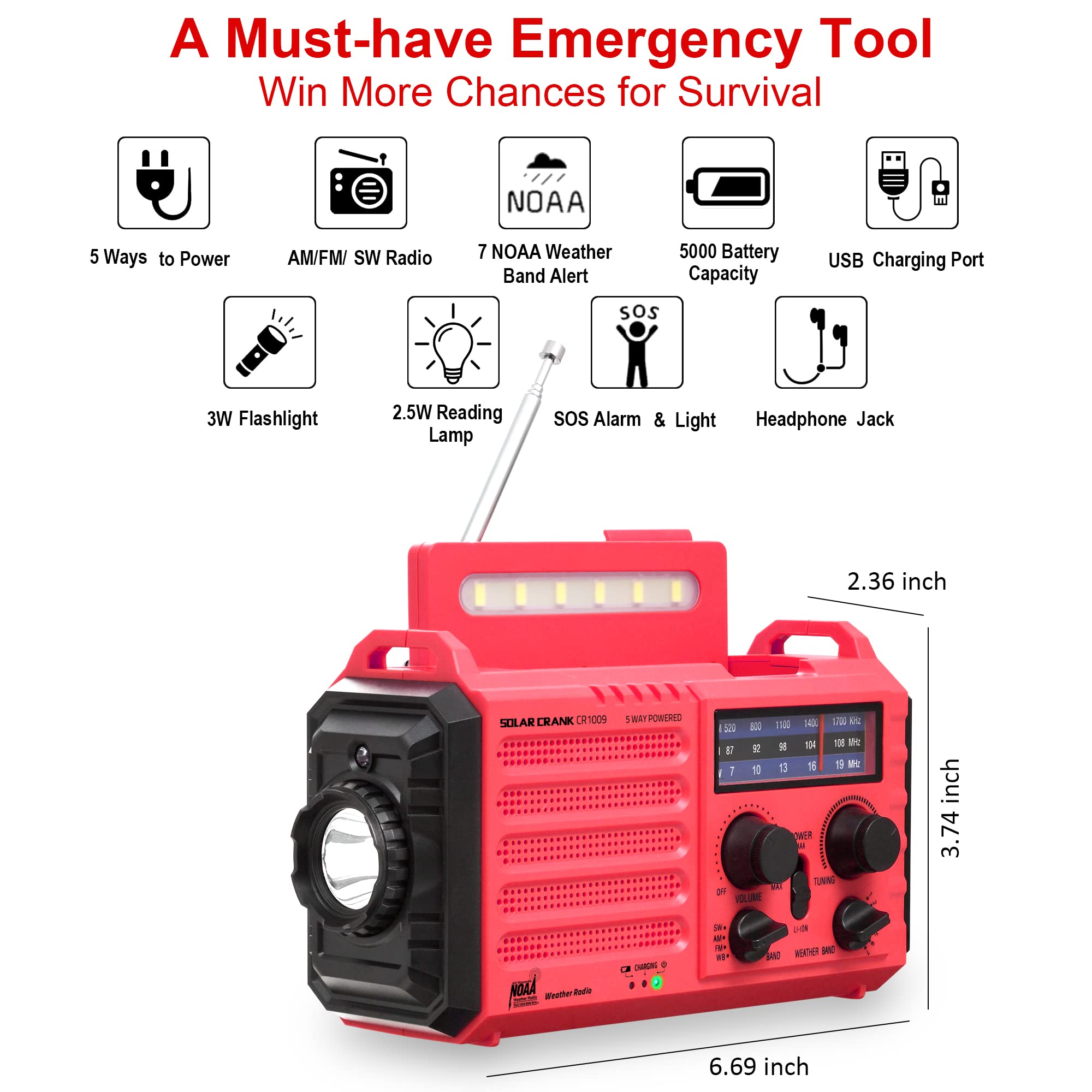 Emergency Solar Hand Crank Radio,Am/Fm/Sw Noaa Portable Weather Alert Radio With Flashlight,Reading Lamp,Phone Charger,Rechargea