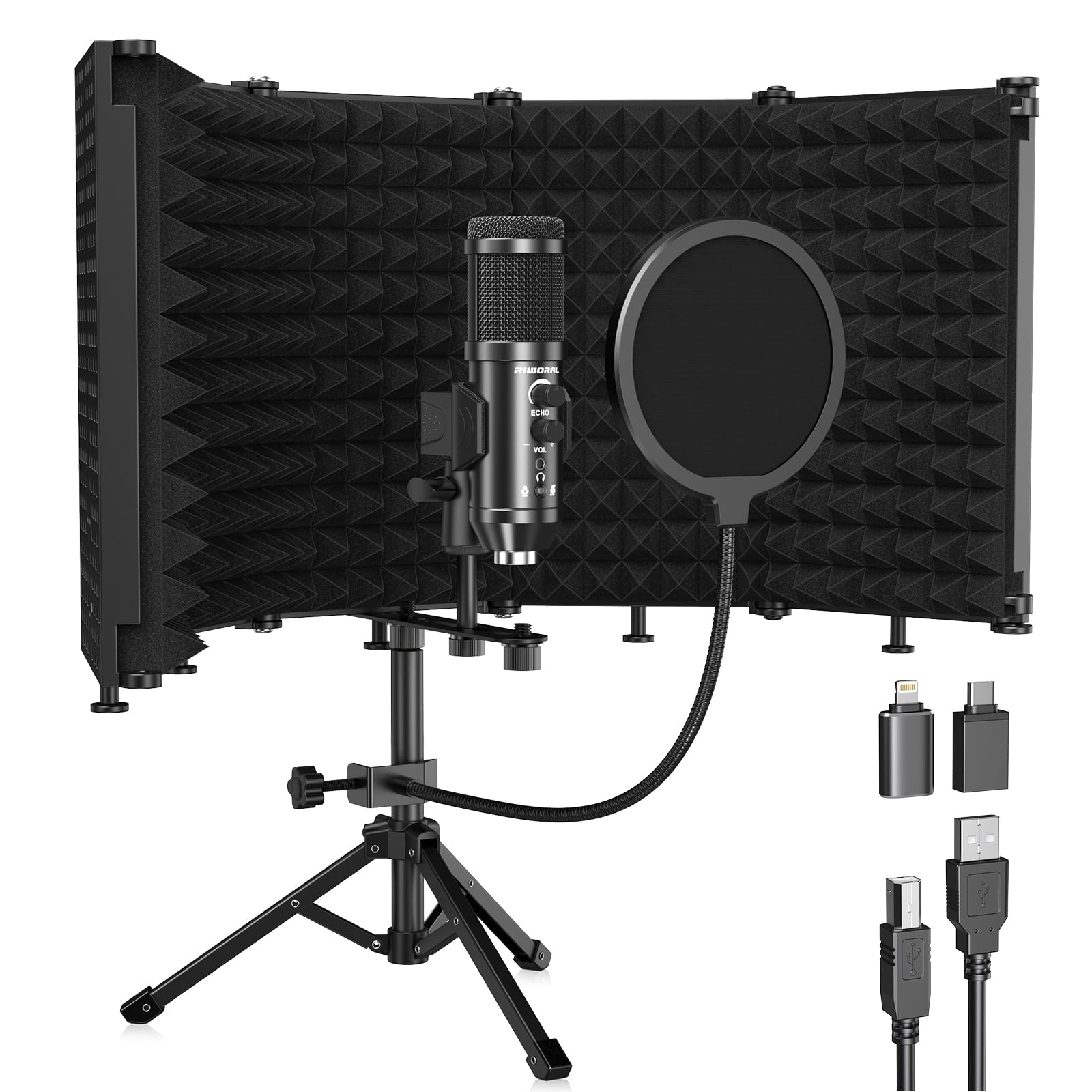 Studio Recording Microphone Isolation Shield With Pop Filter And Metal Tripod Stand, Usb Condenser Mic To Pc Laptop Smartphone,