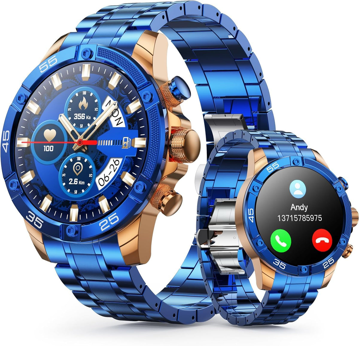 Ohugna Smart Watch(Bluetooth Answer/Make Call), 1.53'' Hd Round Gold Blue Smartwatch For Men, Ip67 Waterproof Fitness Tracker Wi