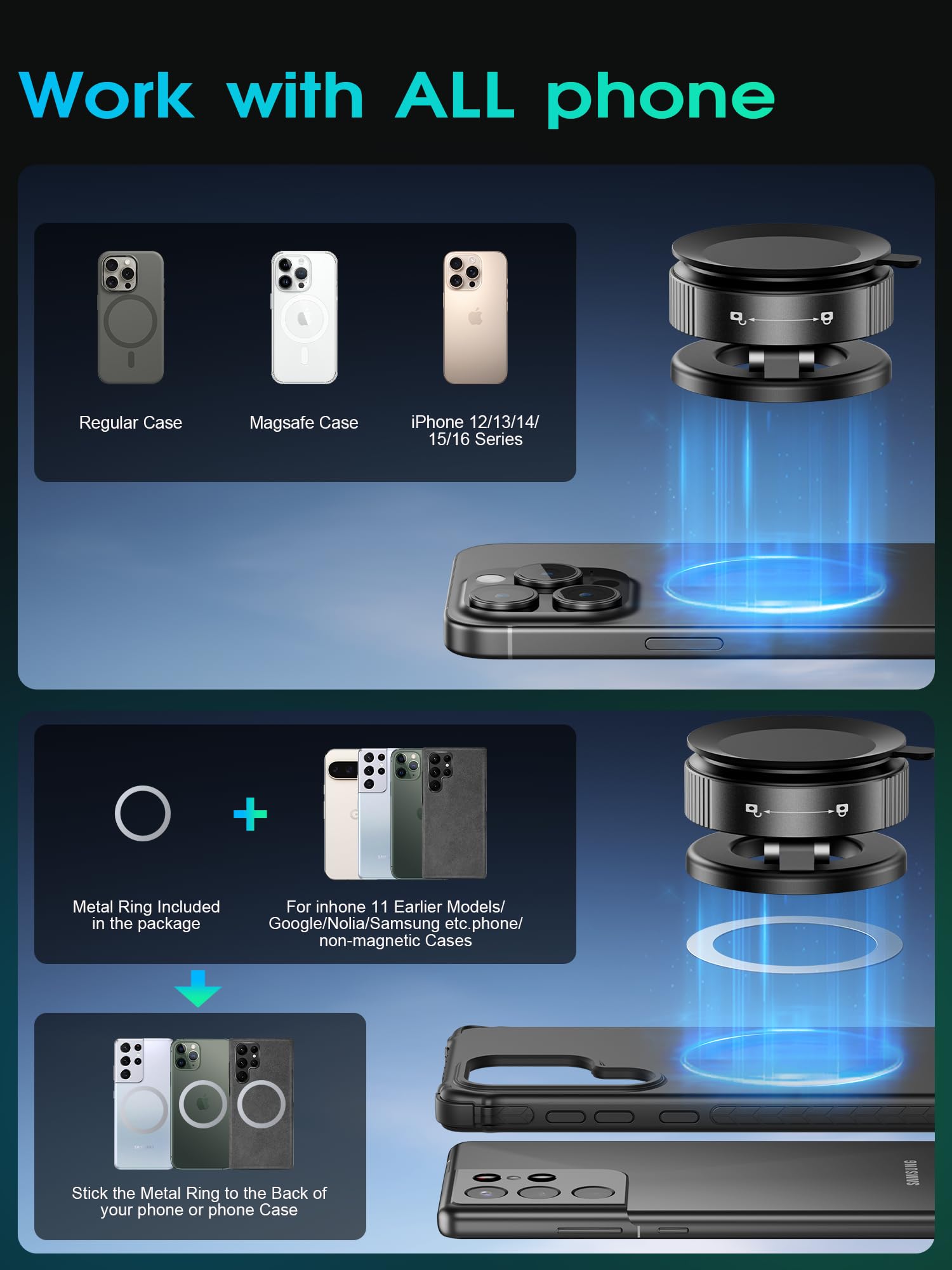 Hohosb Phone Holders For Your Car,Upgraded Vacuum Magnetic Phone Holder Stand For Magsafe,360 Rotatable Zinc Alloy Suction Cup P