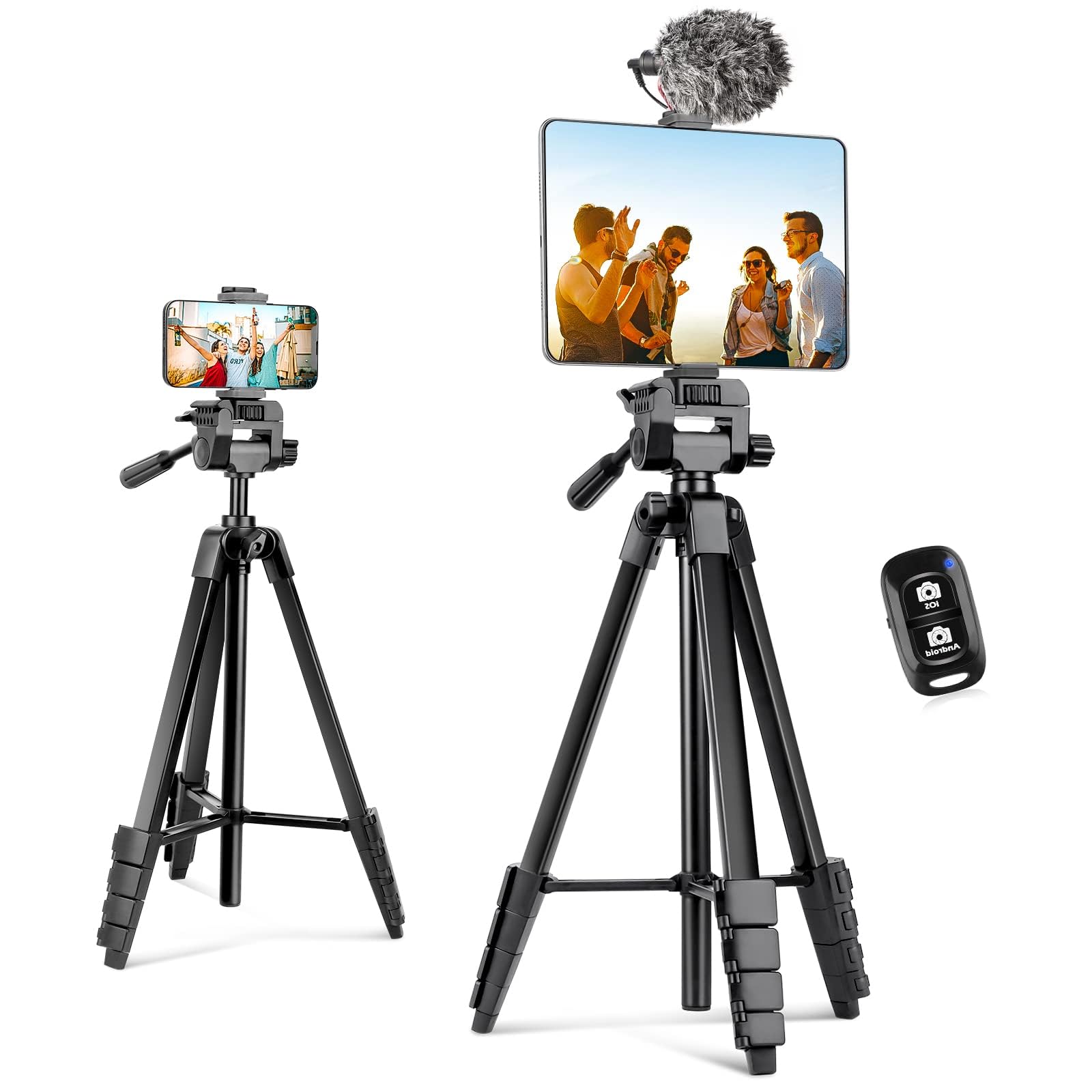 Aureday Phone Tripod Stand, 64� Extendable Cell Phone&Camera Tripod With Wireless Remote And Phone Holder, Aluminum Ipad Tripod For Video Recording/Selfies/Live Stream/Vlogging Black