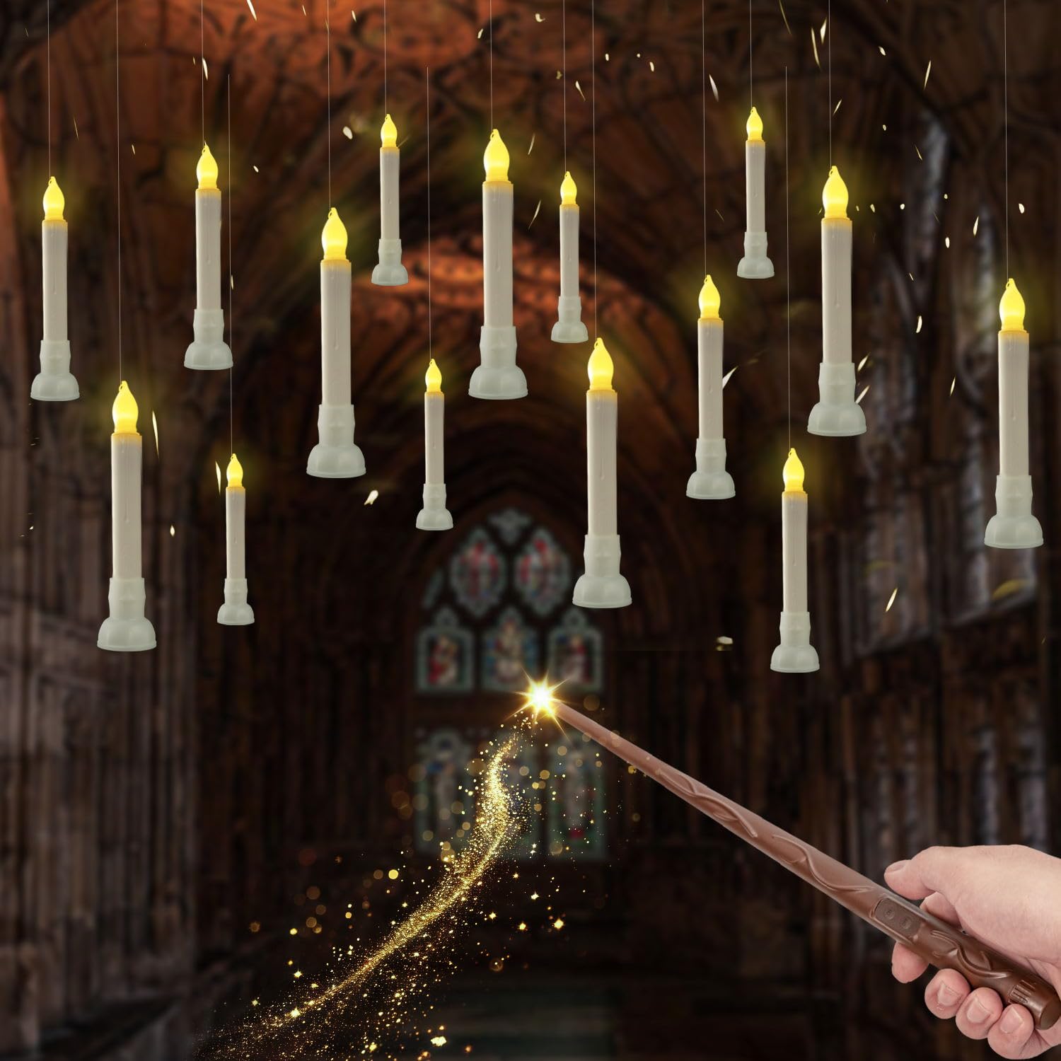 Homemory 12 Pcs Hanging Floating Candles With Wand Remote (Battery Include), Magic Deco Candles, Flameless Taper Candles Can Be