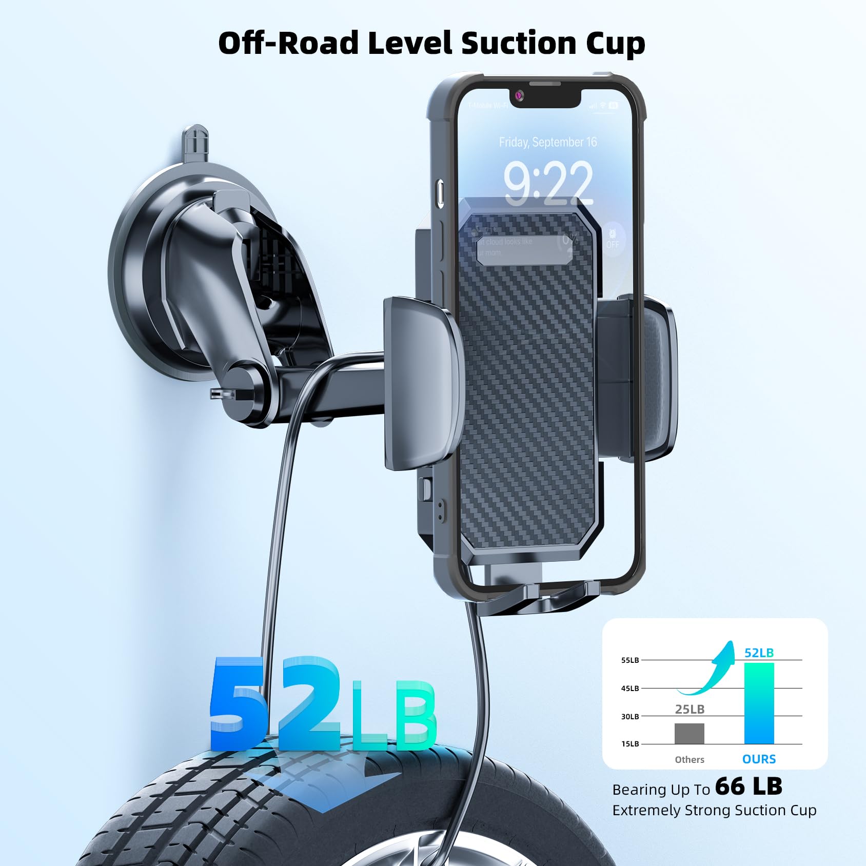Fbb Phone Mount For Car, [ Off-Road Level Suction Cup Protection ] 3In1 Long Arm Suction Cup Holder Universal Cell Phone Holder