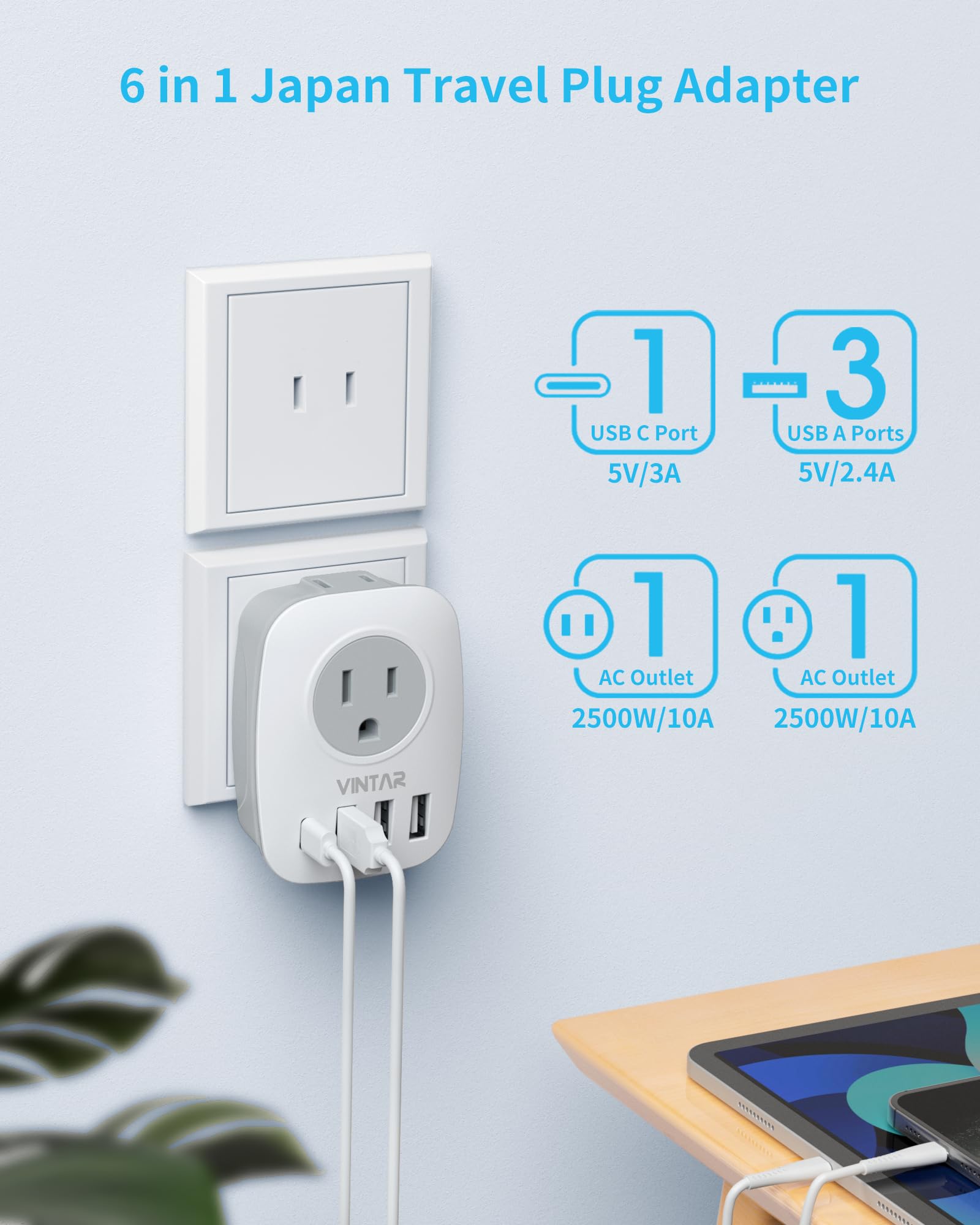 Us To Japan Plug Adapter, Vintar 2 Prong To 3 Prong Outlet Adapter With 2 Ac Outlets, 3 Usb And 1 Usb C Ports, Japan Travel Powe