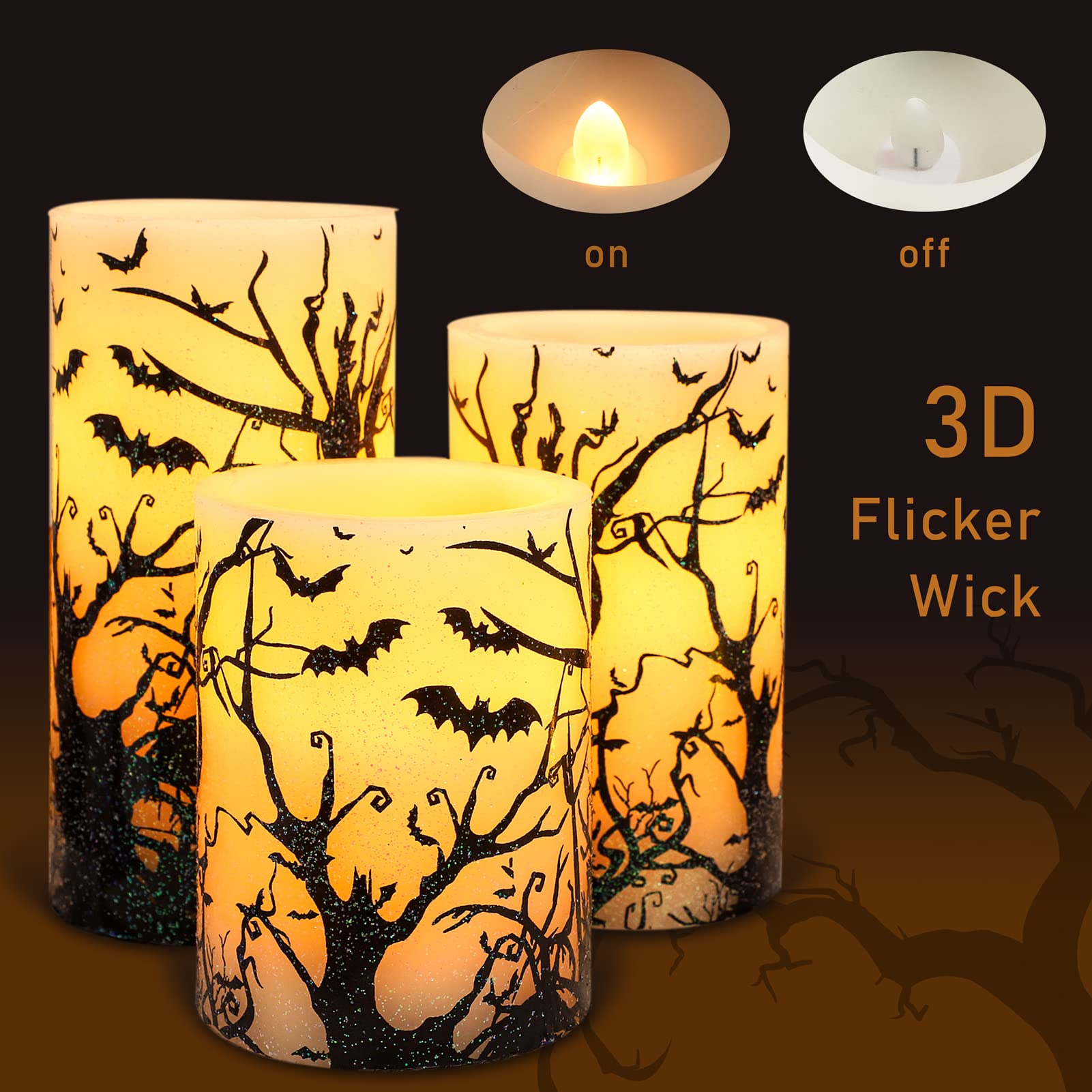 Flavcharm Halloween Decor Flameless Candles Set Of 3 Black Spooky Bats Decal Flickering Candles Battery Operated With Remote Rea