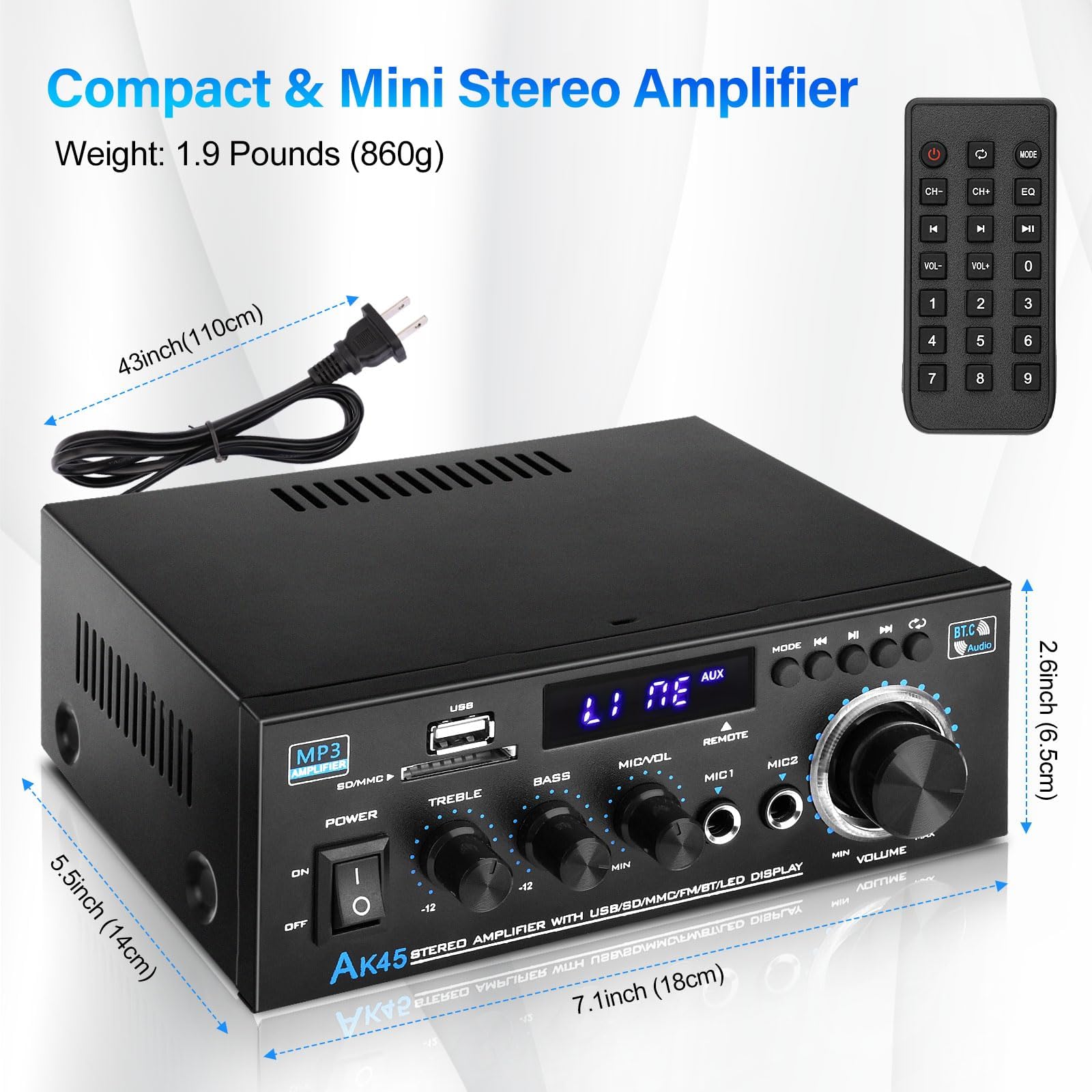 Ak45 Home Audio Power Amplifier With Bluetooth, 100Wx2 Audio Stereo Receiver, Home Amplifiers W/Fm Radio Usb, Aux, Rca, Sd For H