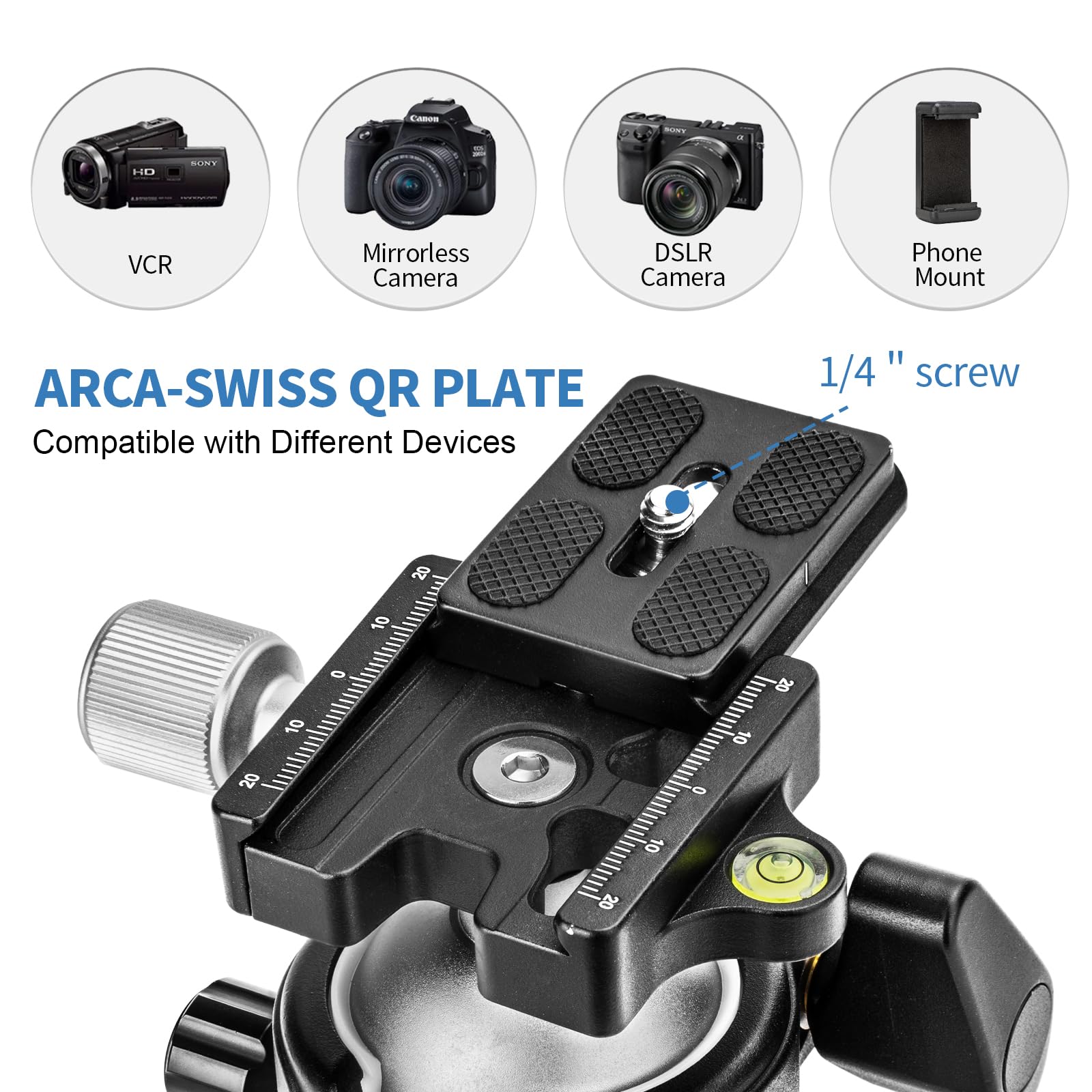 Cavix Tripod Ball Head With 1/4'' Arca Swiss Quick Release Plate Aluminium Tripod Ball Head Mount Large Ball
