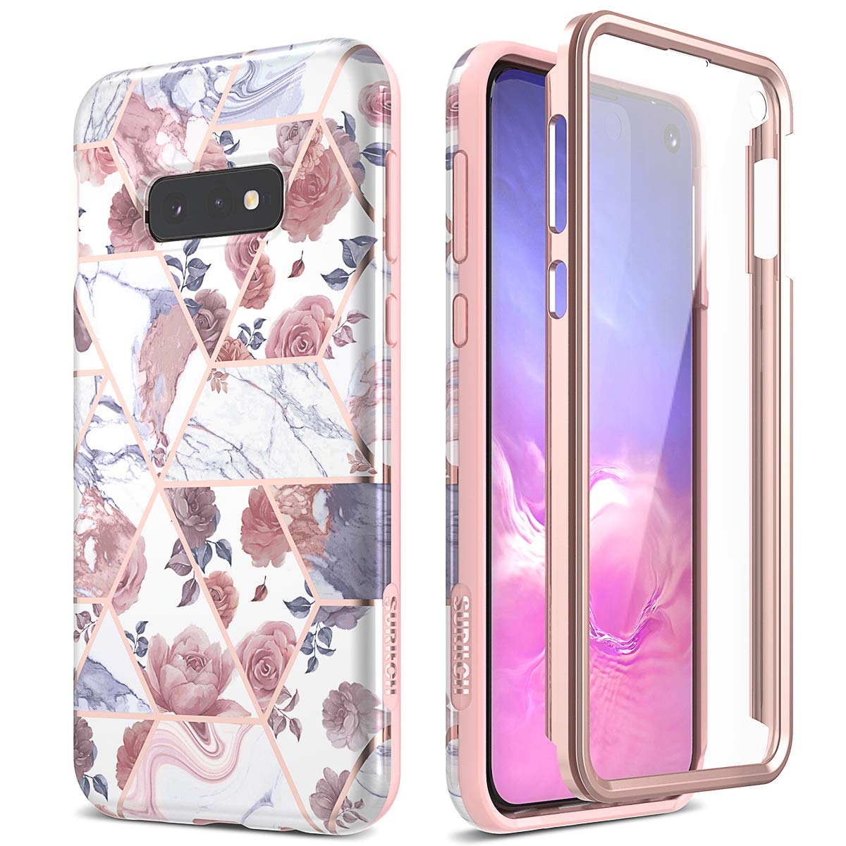 Suritch Case For Galaxy S10E, [Built In Screen Protector] Rose Marble Full Body Protection Shockproof Rugged Bumper Protective C