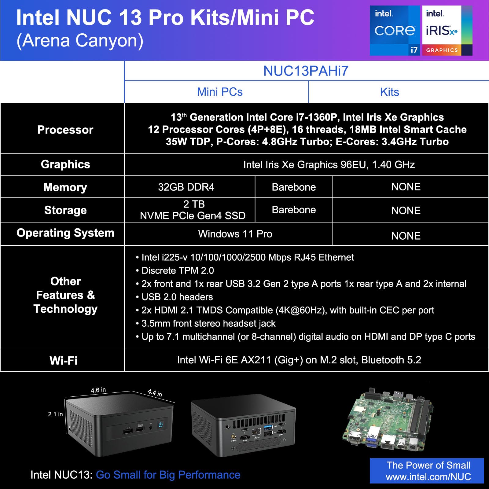2023 Intel Nuc 13 Pro,Arena Canyon Nuc13Anhi7 Mini Pc (Core I7 1360P Processor, Iris Xe Graphics, 32Gb Ram & 2Tb Nvme Ssd) 12C/1