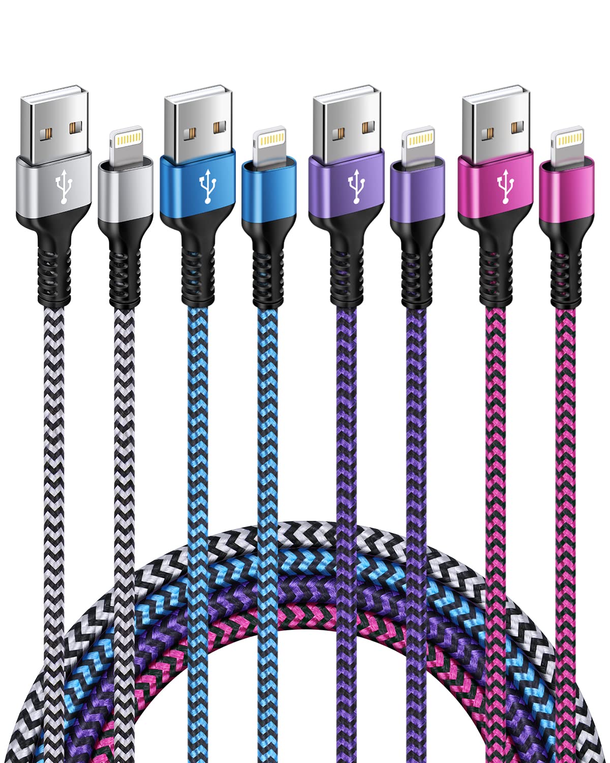 Iphone Charger Cord, [6Ft/4 Pack] Lightning Cable Nylon Braided Usb Fast Charging Wire, Apple High Speed Data Sync Transfer Cord