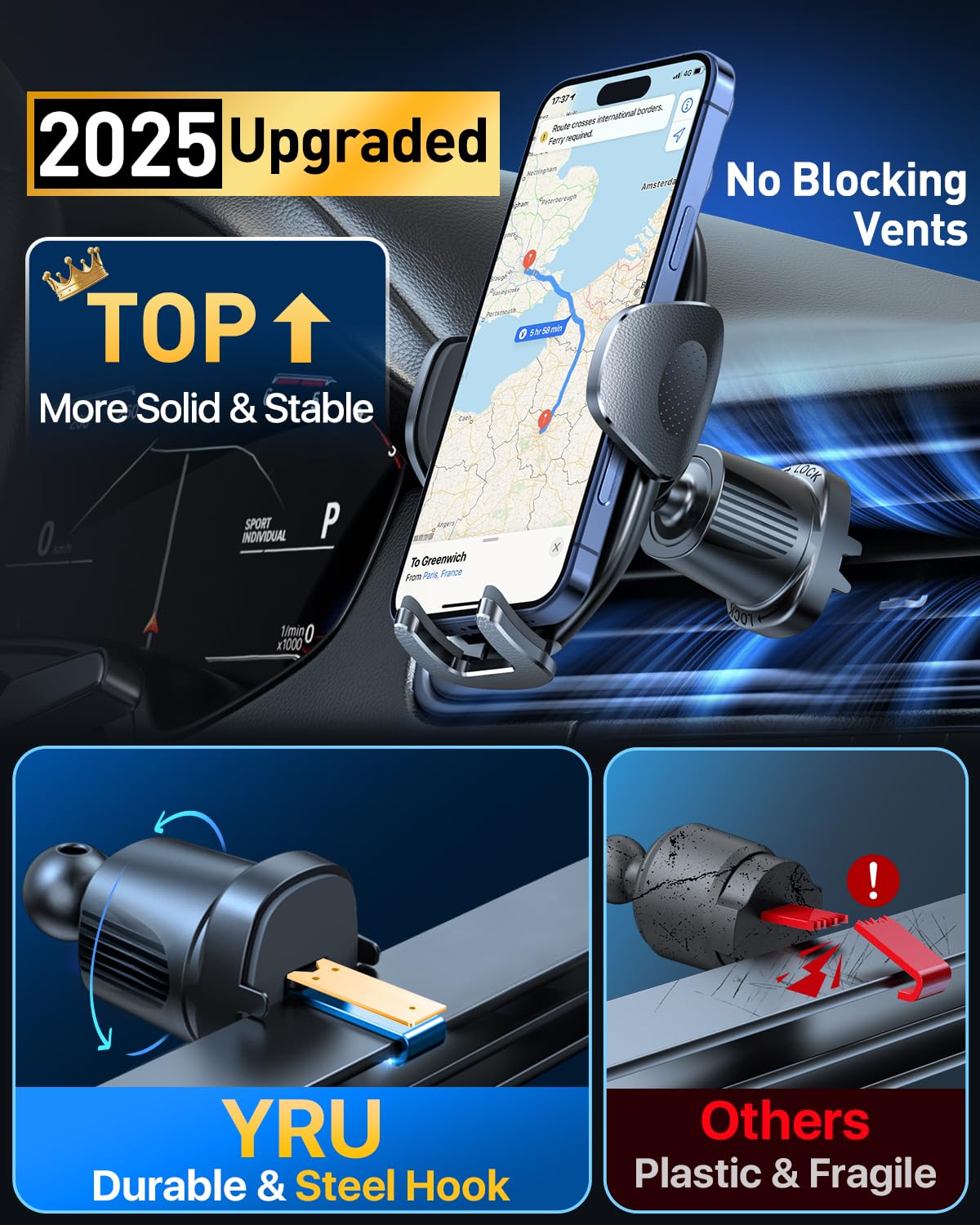 Yru [2025 Upgraded] Universal Car Phone Holder Mount? 360Rotatable & Strong Suction? Cell Phoneholder Car Dashboard Windshield P