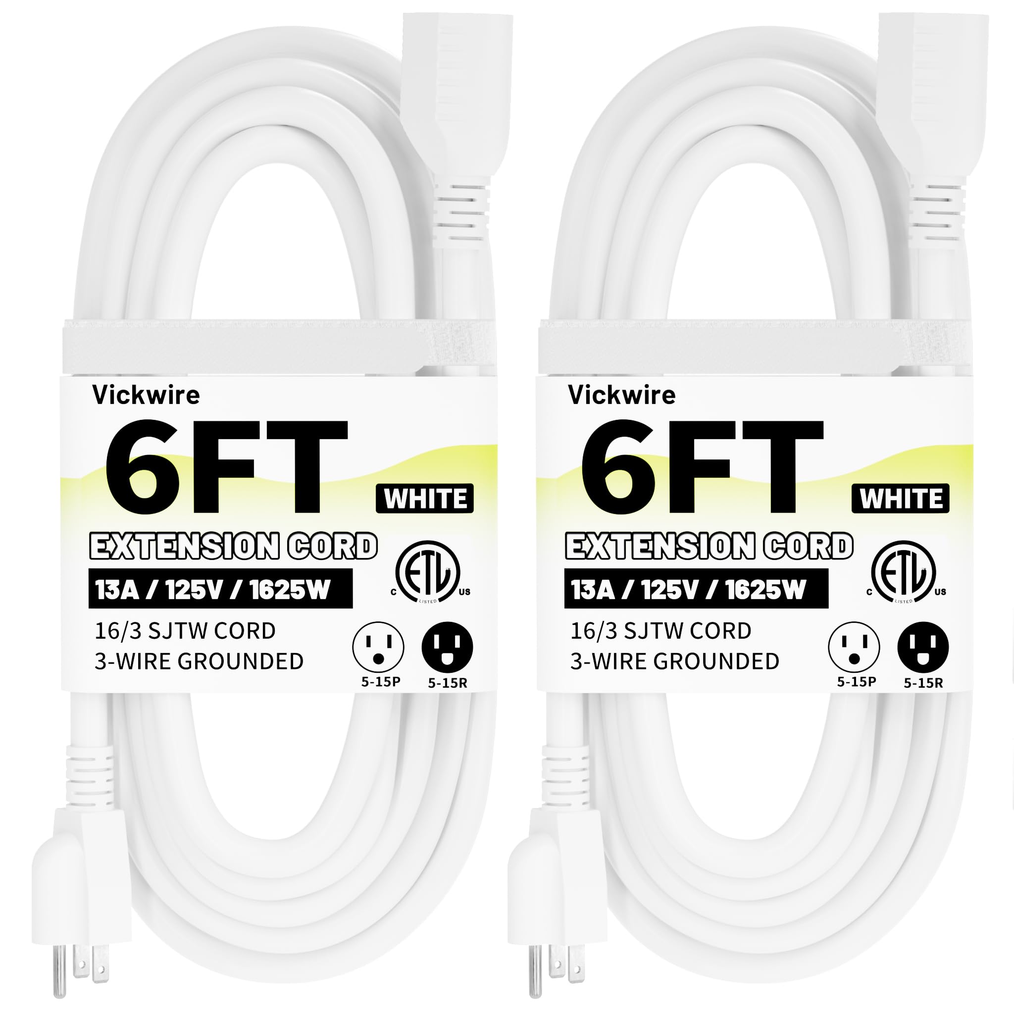 16/3 White Indoor Outdoor Extension Cord 6 Ft 2 Pack Waterproof, Heavy Duty Extension Cord With 3 Prong Grounded Plug,13A 1625W