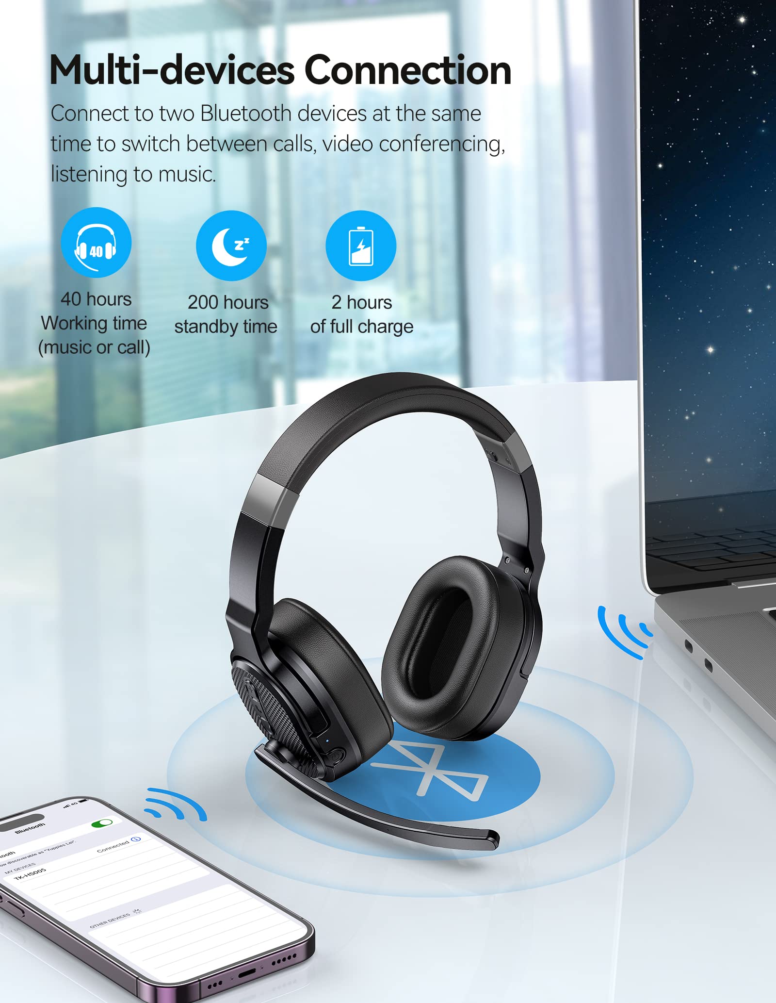 Tecknet Bluetooth Trucker Headset, Single And Dual Ear Wireless Headset With Mic For Work Noise Cancelling, 40Hrs 3 Eq Music Mod