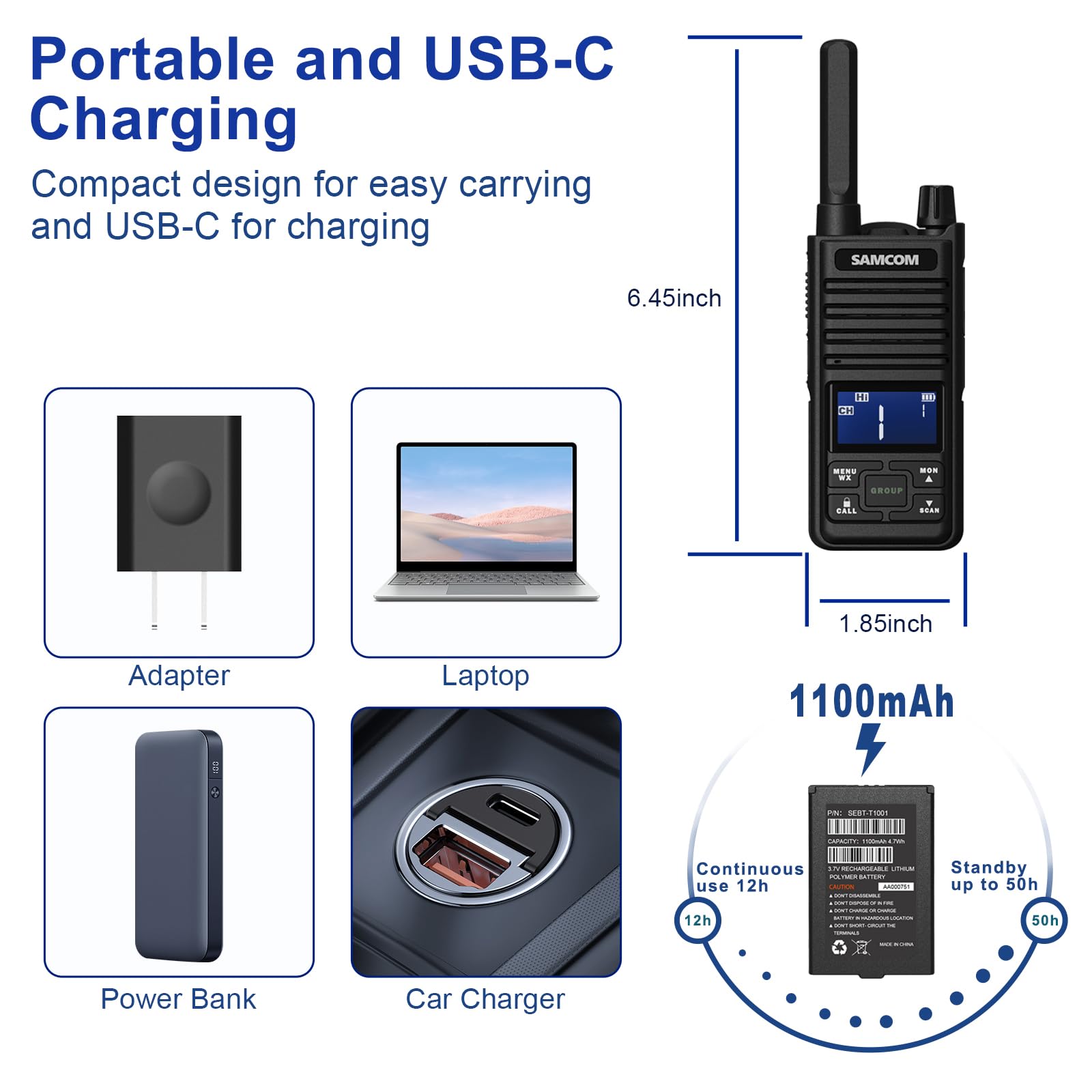 Samcom T2 Gmrs Two Way Radio, 2 Watt Long Range Walkie Talkies For Adults, 121 Privacy Codes Type C Rechargeable Walkie Talkies With Usb Earpiece, Noaa Weather Alerts, Scan, Group Talk(2 Pack Black)