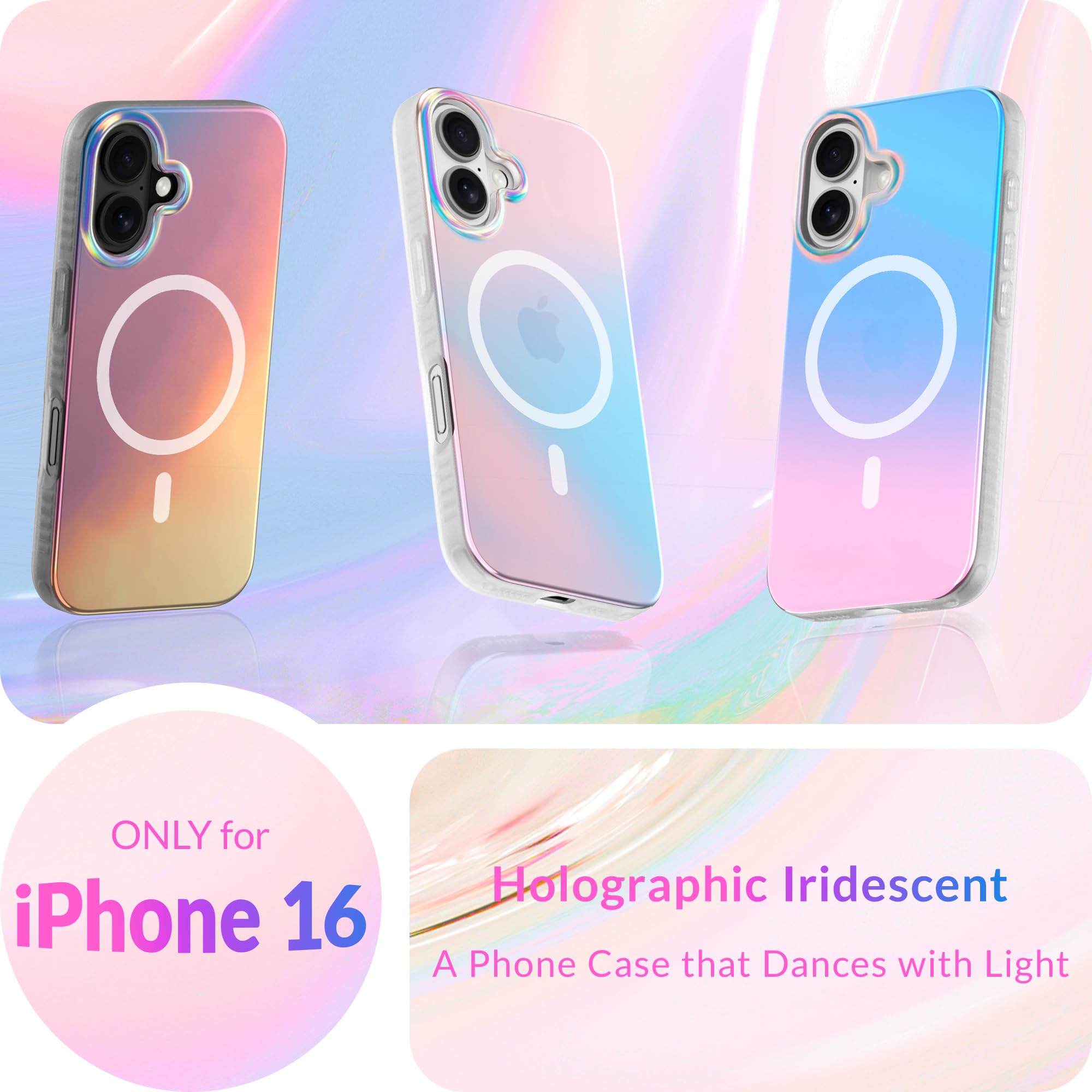 Lonli Hue   Iphone 16 Magnetic Case [Compatible With Magsafe]   Holographic Iridescent Phone Case   [360 Shock Absorbent Bumper]