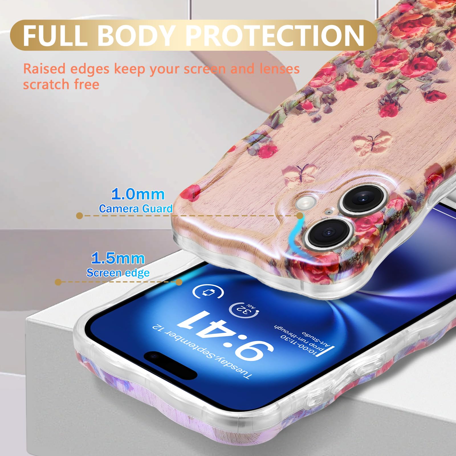 Sheheme For Iphone 16 Plus Case [With 9H Screen Protectors] Wave Bumper Colorful Oil Painting Flowers Print Blue Glossy Soft Tpu