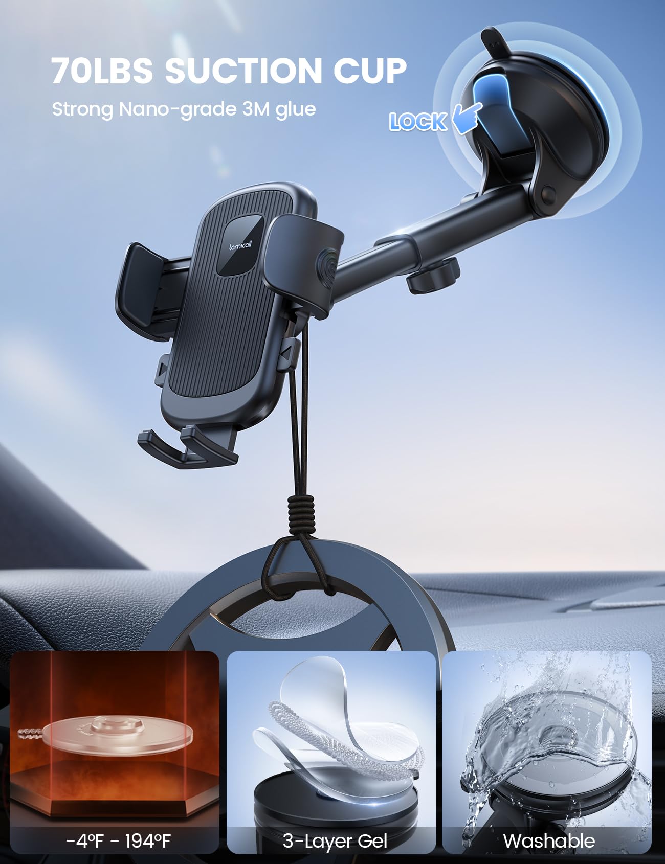 Lamicall Car Phone Holder Mount [3-In-1 Military-Grade Suction Cup] 360 Rotation Phone Holders For Your Car [Metal Hook] Cell Ph