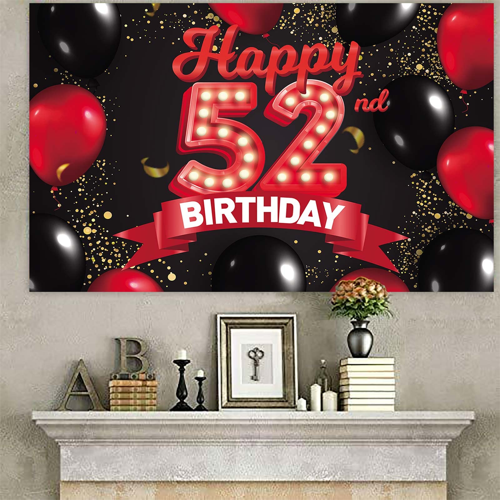 Happy 52Nd Birthday Red And Black Banner Backdrop Decorations Balloons Theme Decor For Girls Women Princess 52 Years Old Birthda