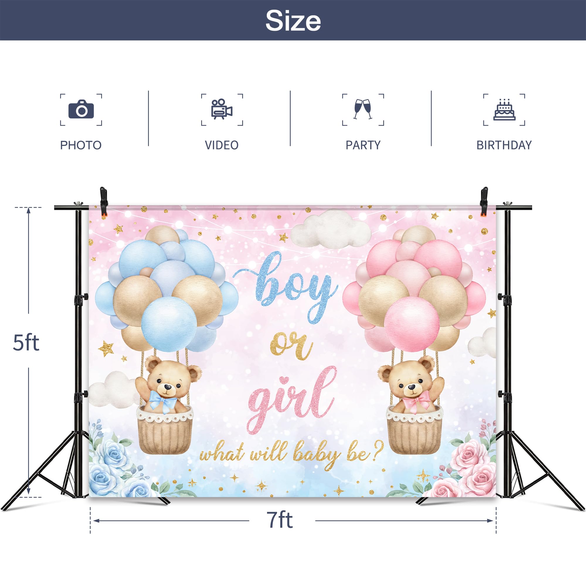 Omifly Bear Gender Reveal 7Wx5H Backdrop For Photography Boy Or Girl Pink Blue Hot Air Balloon Floral Newborn Baby Shower Backgr