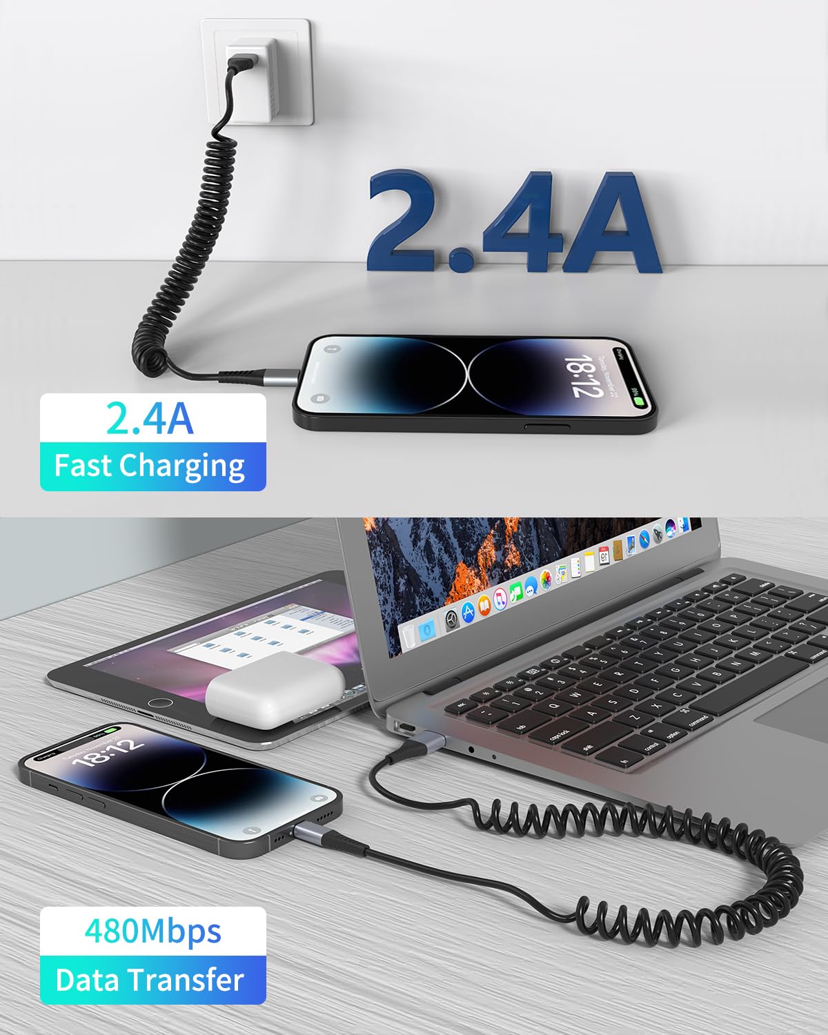 Coiled Lightning Cable, 2 Pack Coiled Iphone Charger Cable For Car Short Retractable Iphone Lightning Cable Compatible With Appl