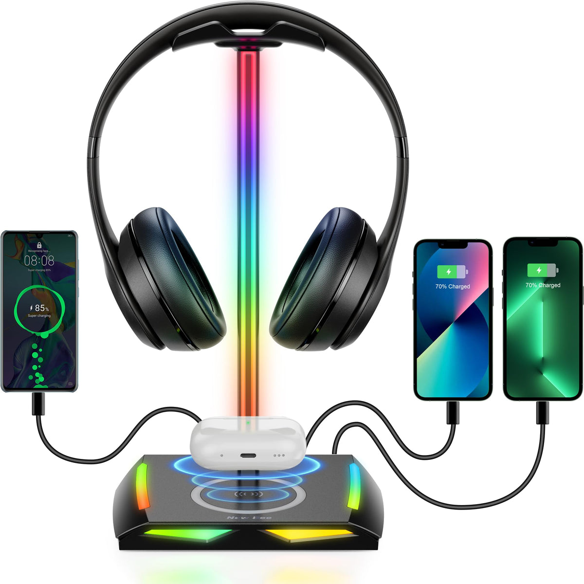 New Bee Rgb Headphone Stand With 2 Usb C & 1 Usb Charging Ports, Desk Gaming Headset Holder With 7 Light Modes And Non Slip Rubber Base Suitable For All Earphone Accessories