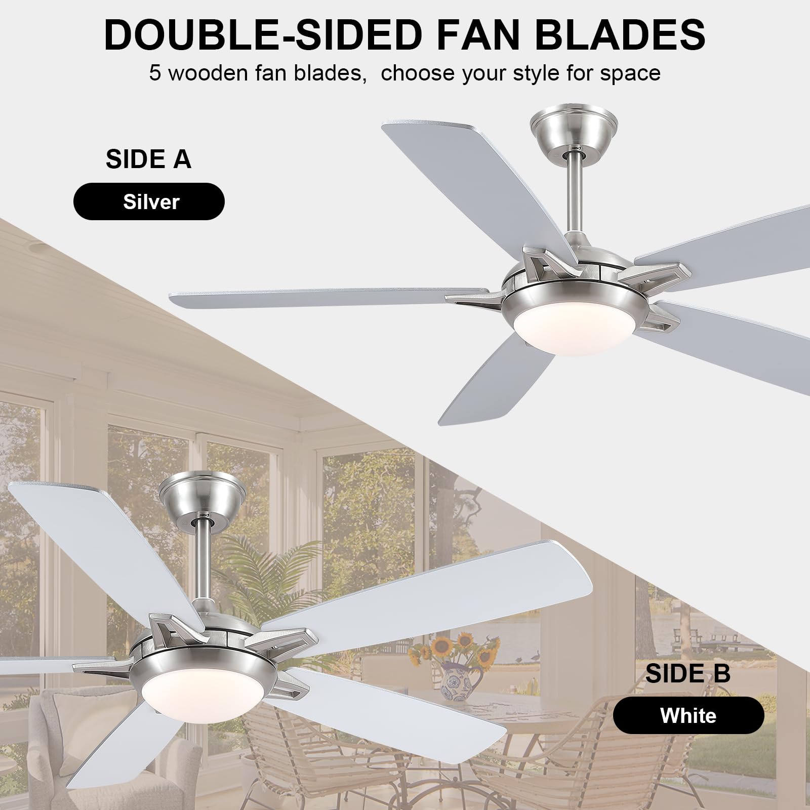 Kviflon 52 Inch Ceiling Fans With Lights And Remote, Modern Indoor Outdoor Ceiling Fan For Bedroom Living Room Patio Porch, 6 Sp